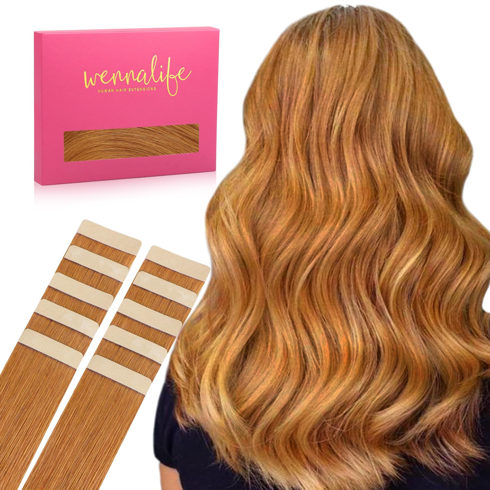WENNALIFE Tape in Hair Extensions Human Hair Auburn Ginger Tape in Extensions, 10pcs 20g 10 inch Remy Invisible Tape Ins Straight Colored Soft Real