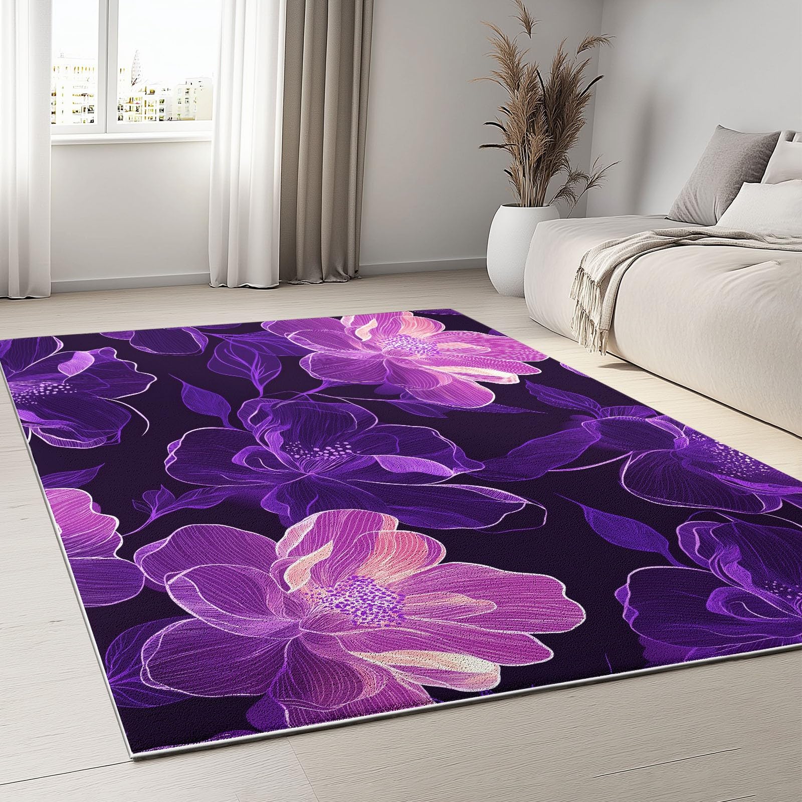 Tapis en Flanelle Douce 120 x 180 cm Un Parfum Floral Onirique Élégant Luxueux Tapis de Salon Moderne, Antidérapant et Lavable en Machine – Idéal Chambre – Poils Courts Facile à Nettoyer, Violet
