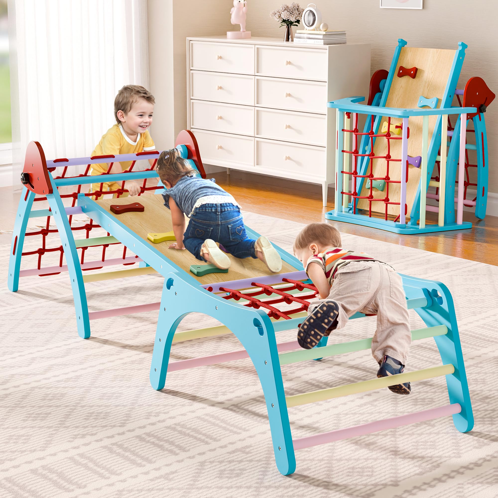 Xilingol Pikler Triangular Set, Foldable Wooden Pickler Climbing Set, Indoor Playground Jungle Gym, 6 in 1 Pikler Triangle Climbing Set for 3+ Years Old, Arch, Slide, Ramp, Toddler, Boys, Girls, Kids