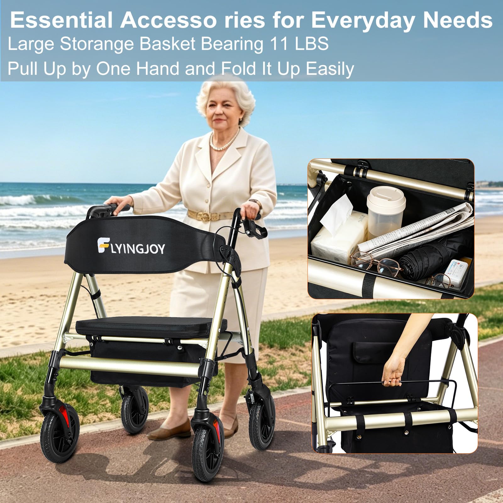 Andador rodante resistente con asiento, plegable bariátrico con ruedas grandes de 8 pulgadas, soporta hasta 450 libras, champán