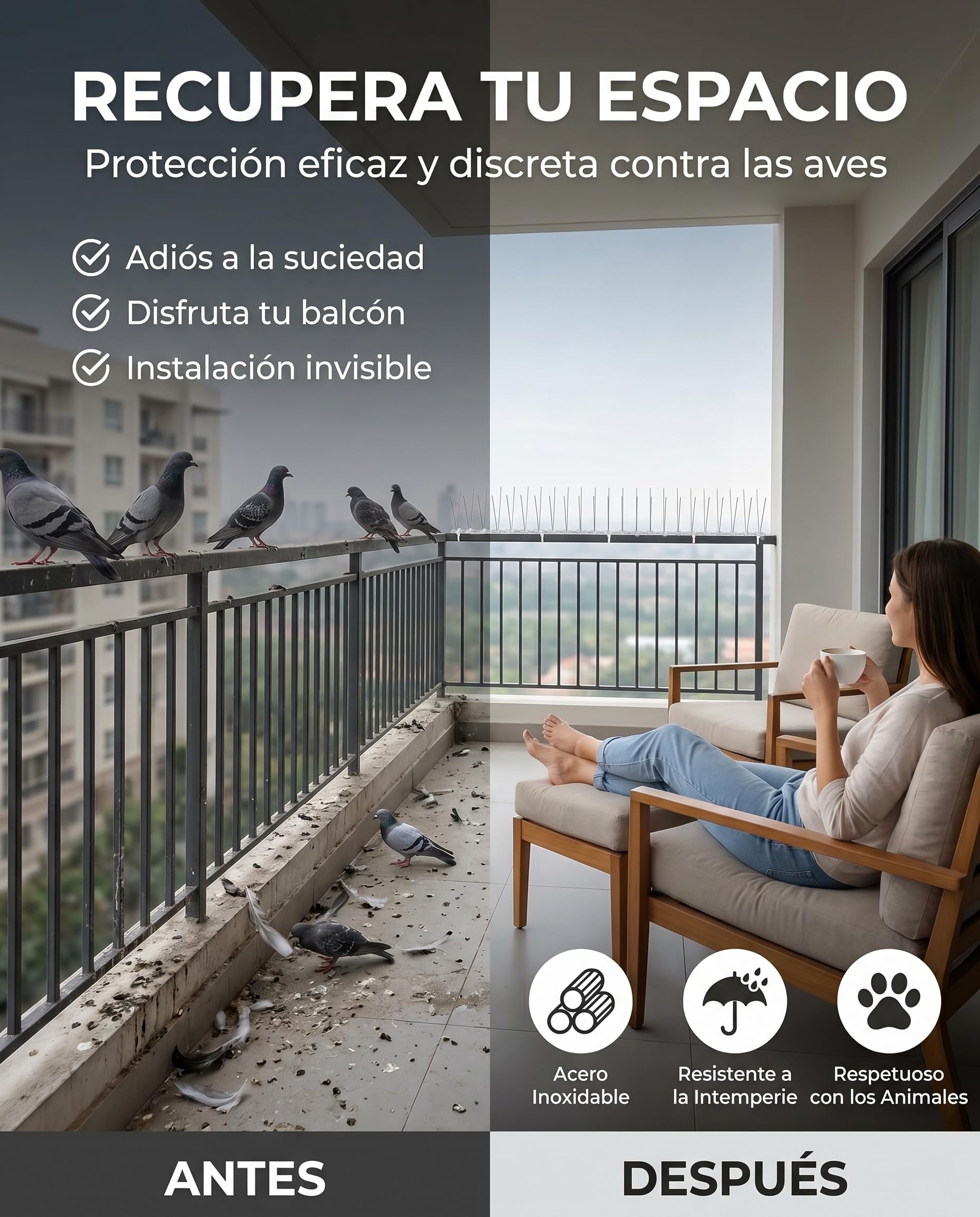 Pinchos Antipalomas - 5 m con 20 Módulos de 25 cm - Ahuyentador Palomas en Acero Inoxidable - Espanta Palomas con 40 Bridas - Antipalomas para Balcon, Tejado, Cornisa