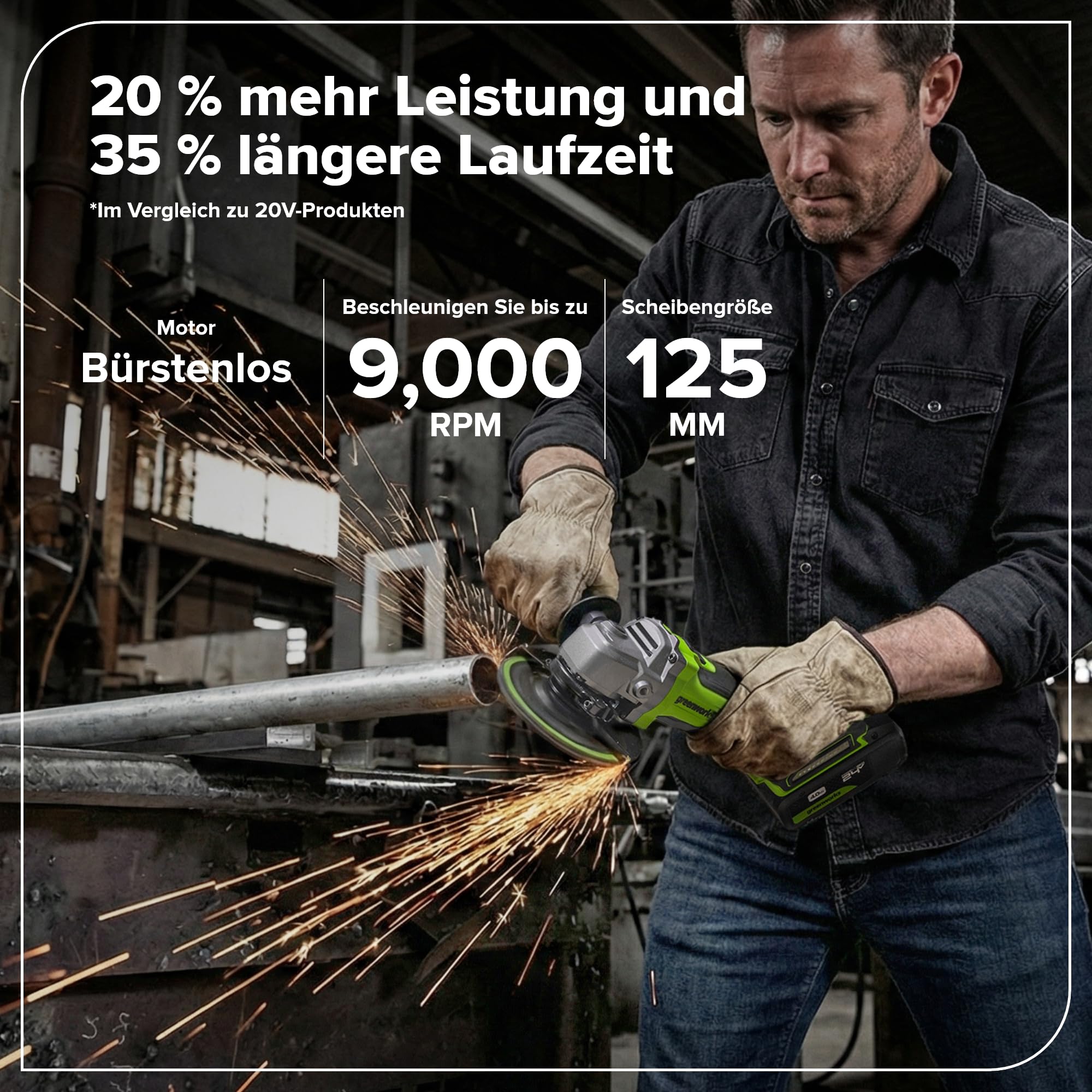 Greenworks 24V Smerigliatrice angolare senza fili, disco da 125 mm, 9000RPM, motore senza spazzole da 900W, per mancini o destrimani, SENZA batteria e caricabatterie AG590