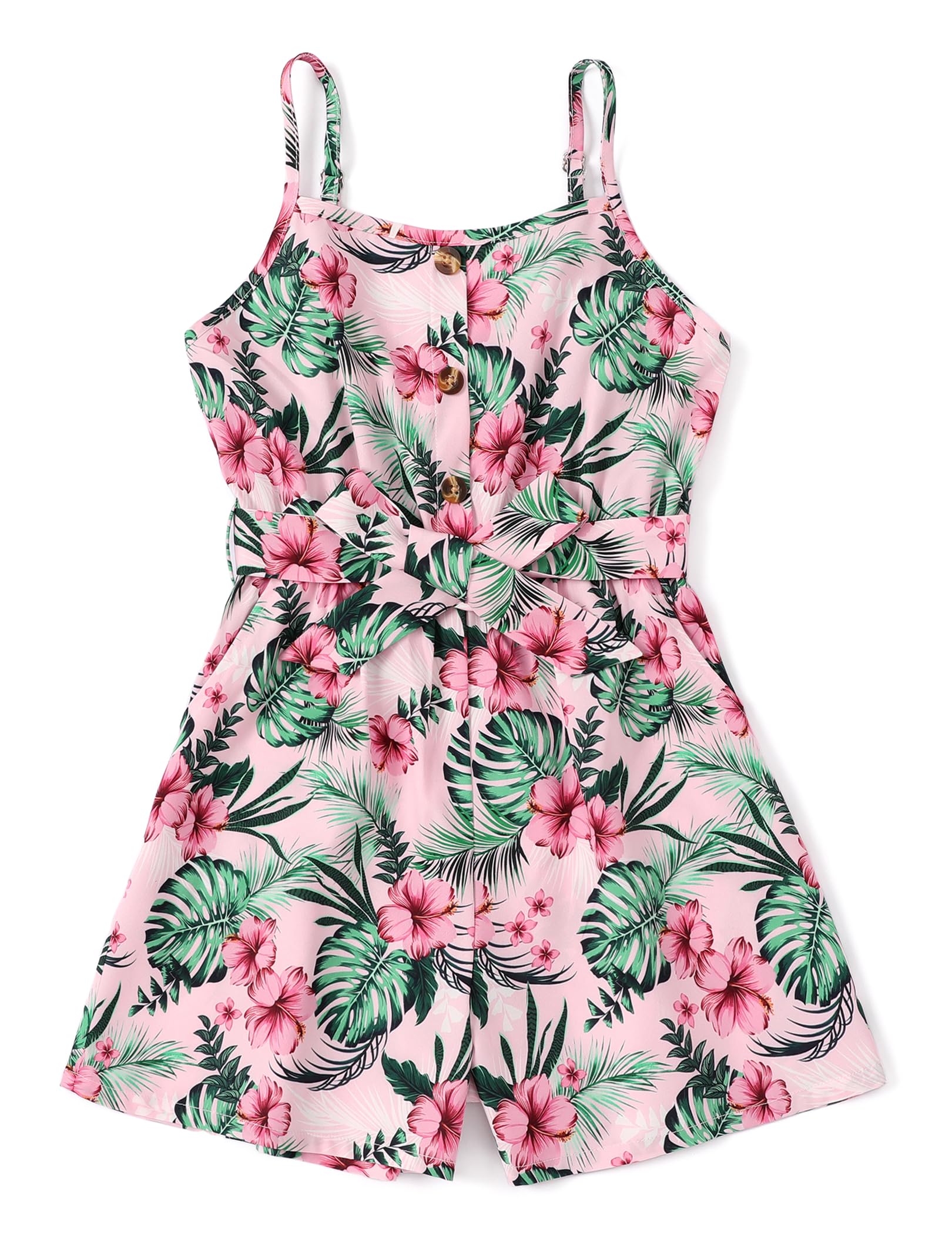 PATPAT Girls Summer Romper with Pockets Solid & Floral Print Cami Jumpsuits Spaghetti Strap Rompers with Belt 2-12 Years
