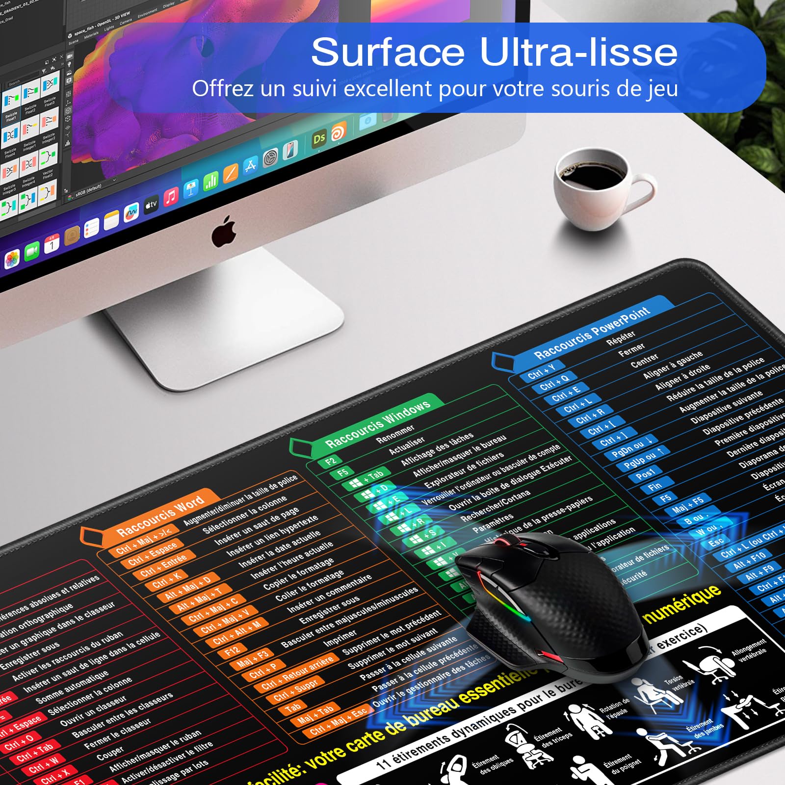 Tapis de Souris XXL Excel Français, Tapis Souris 900 x 400 mm pour Office, Word PPT Windows Grand Tapis de Bureau, Antidérapant sous-Main de Bureau - Surface spéciale améliore la Vitesse