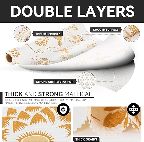 Miniatura 7 de Revestimiento para estantes, 12 pulgadas x 10 pies, no adhesivo, hojas doradas, revestimiento floral para armario de despensa, agarre fuerte,