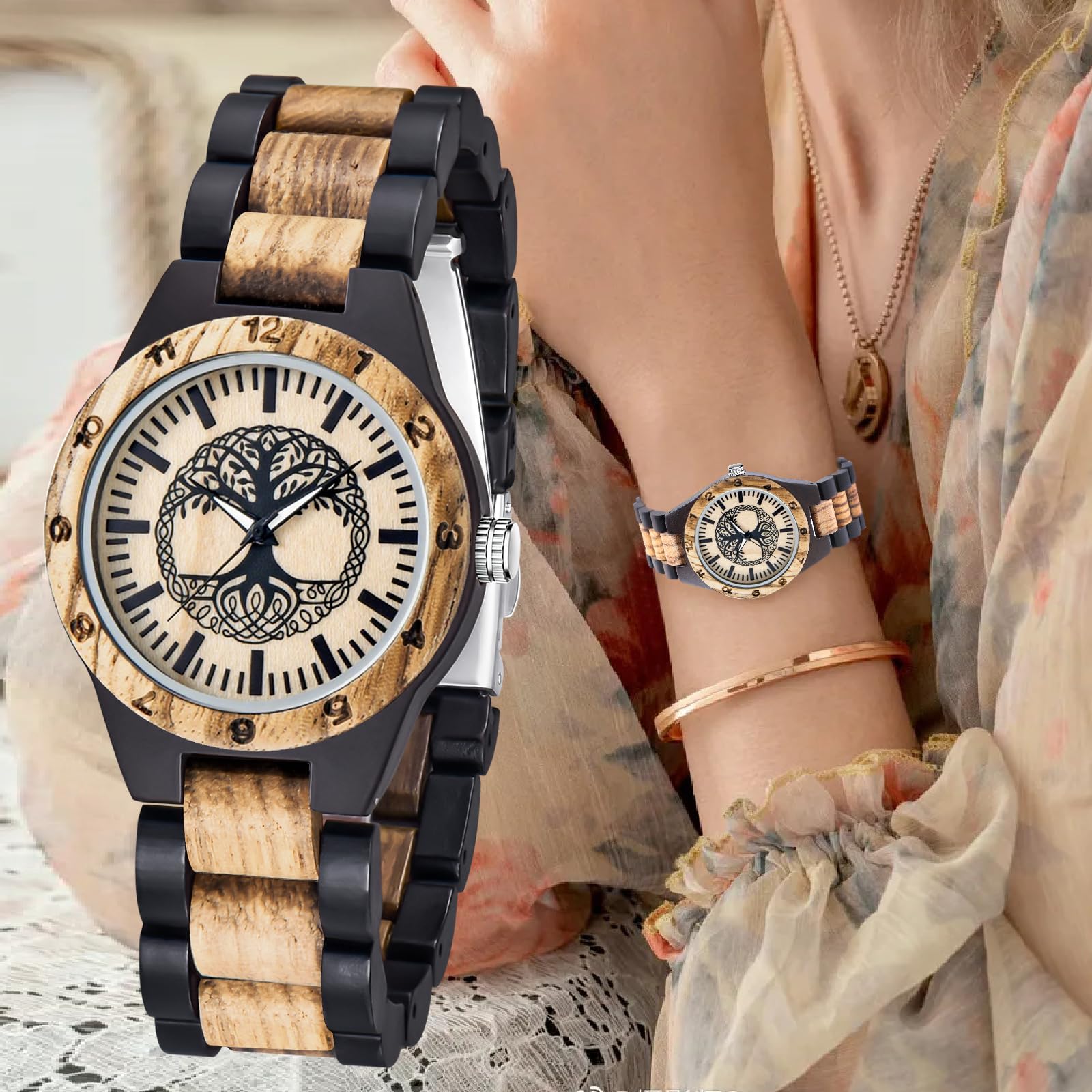 Tiong Damen Holzuhr Bunte Bambus Holzuhren Analoge Quarz Damenuhren für Frauen Verstellbar Holz Leichte Armbanduhr