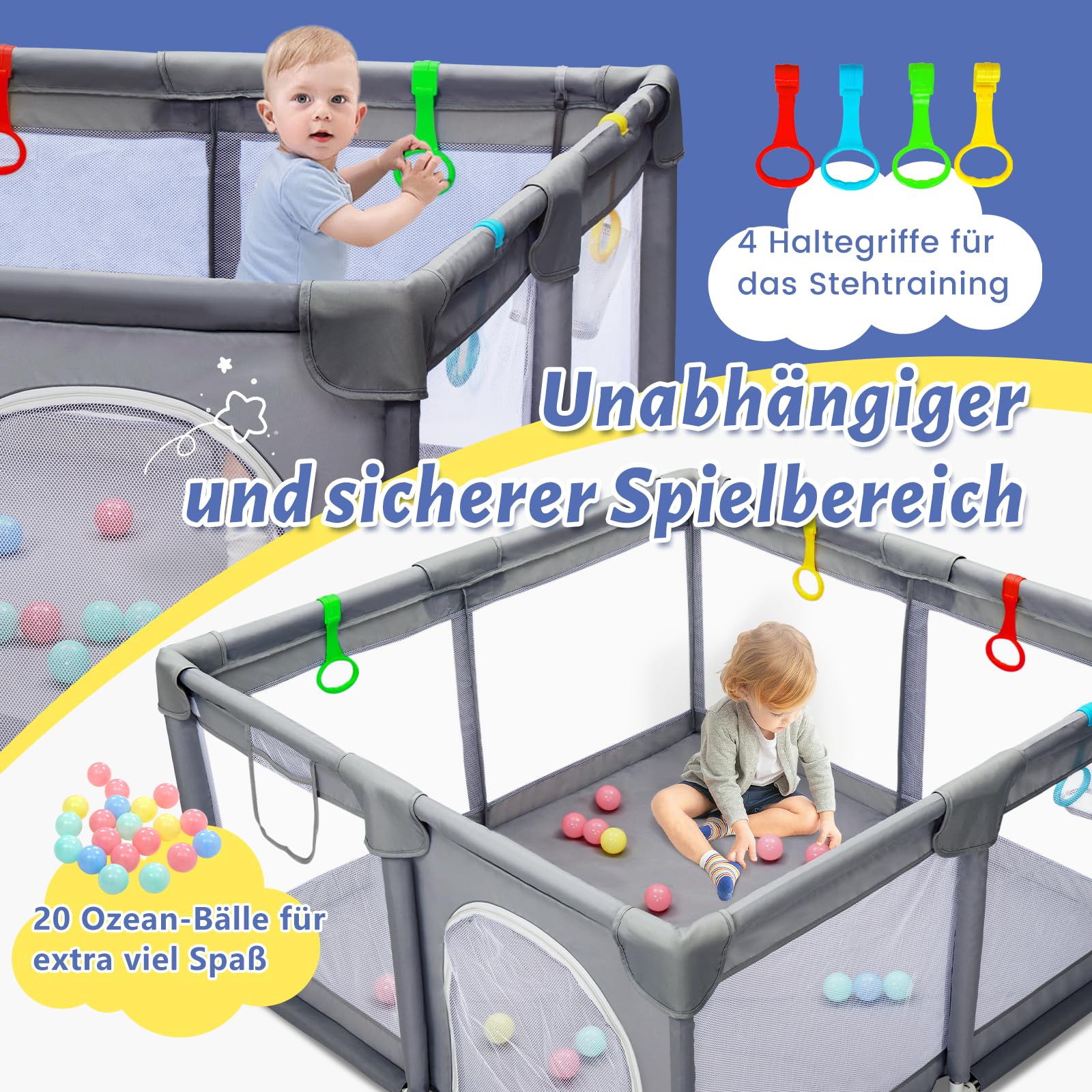CHOLY Baby Playpen for Babies and Toddlers, Durable Play Pen with Visible Breathable Mesh, Foam Protection, Easy to Assemble Infant Fence -128 ×128cm(Dunkelgrau, 128 * 128cm)