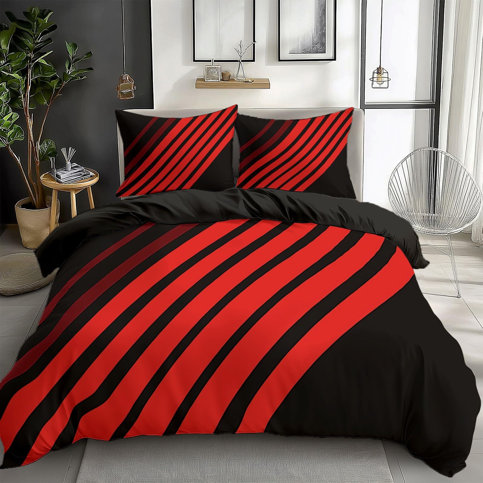 Black Bedding Sets Modern Geometric Red Print Duvet Cover Set, Comforter Cover Full Size Soft Breathable Reversible 3-Piece Bedding for Kids Teens