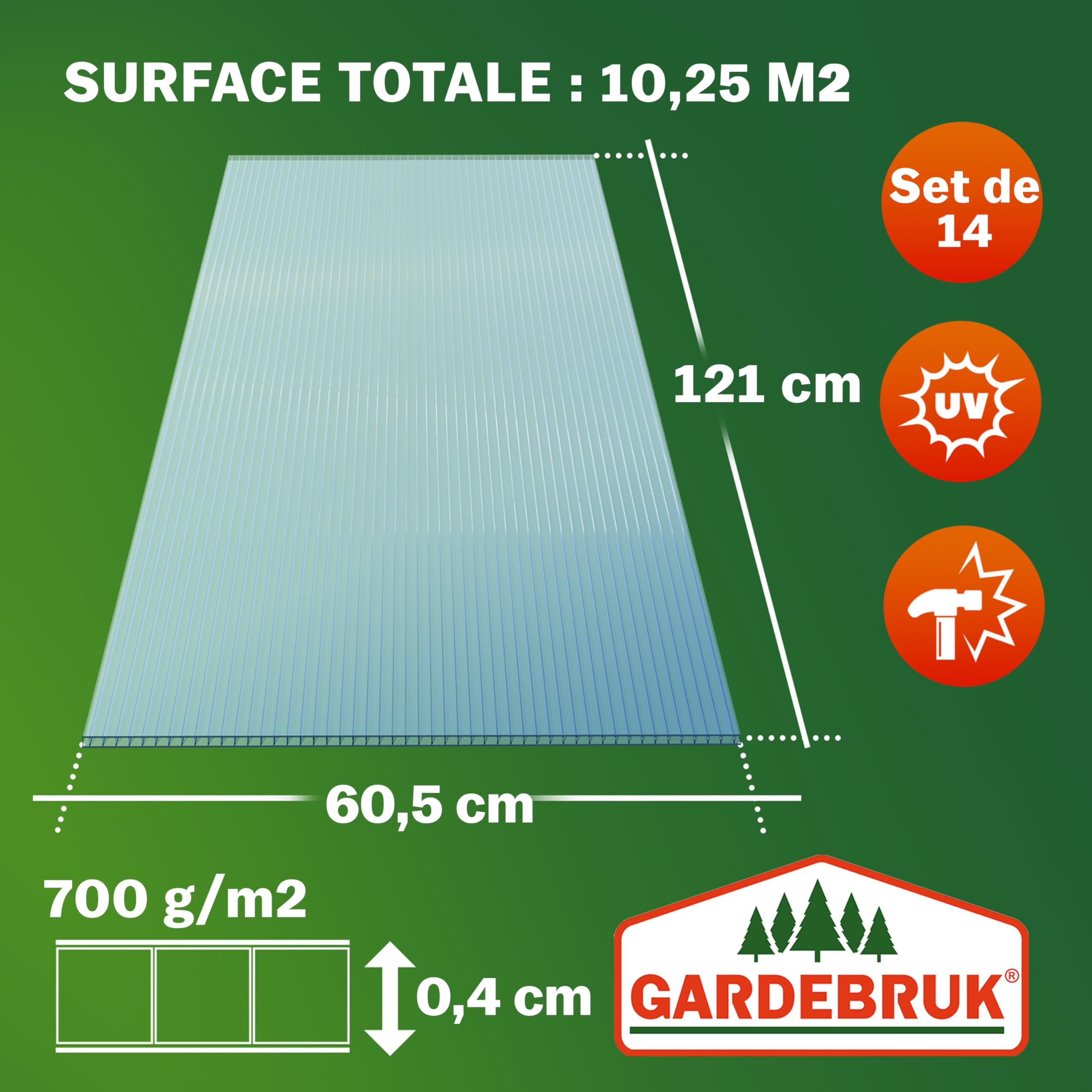 GARDEBRUK® 14x Plaques de Polycarbonate Creux 4mm 121x60,5cm découpe 10,25m² résistant aux UV plaques à Double paroi Serre de Jardin Plaque alvéolaire