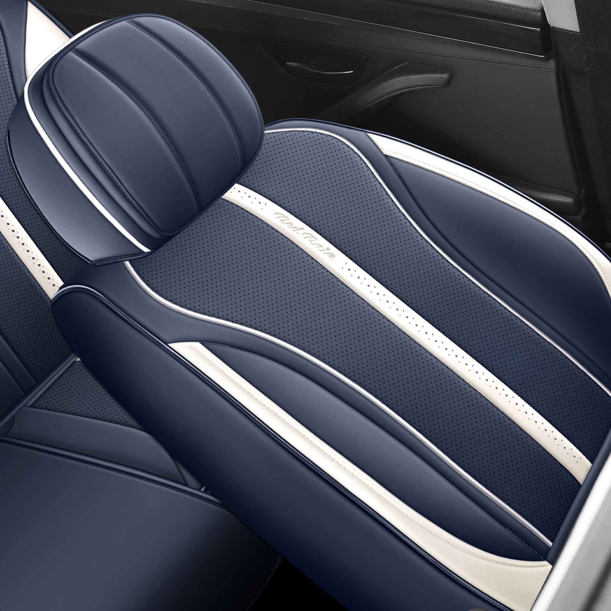 Full Coverage Blue Car Seat Covers Universal Seat Covers Leather Auto Seat Cushion Covers (R-Blue+White) — view 4
