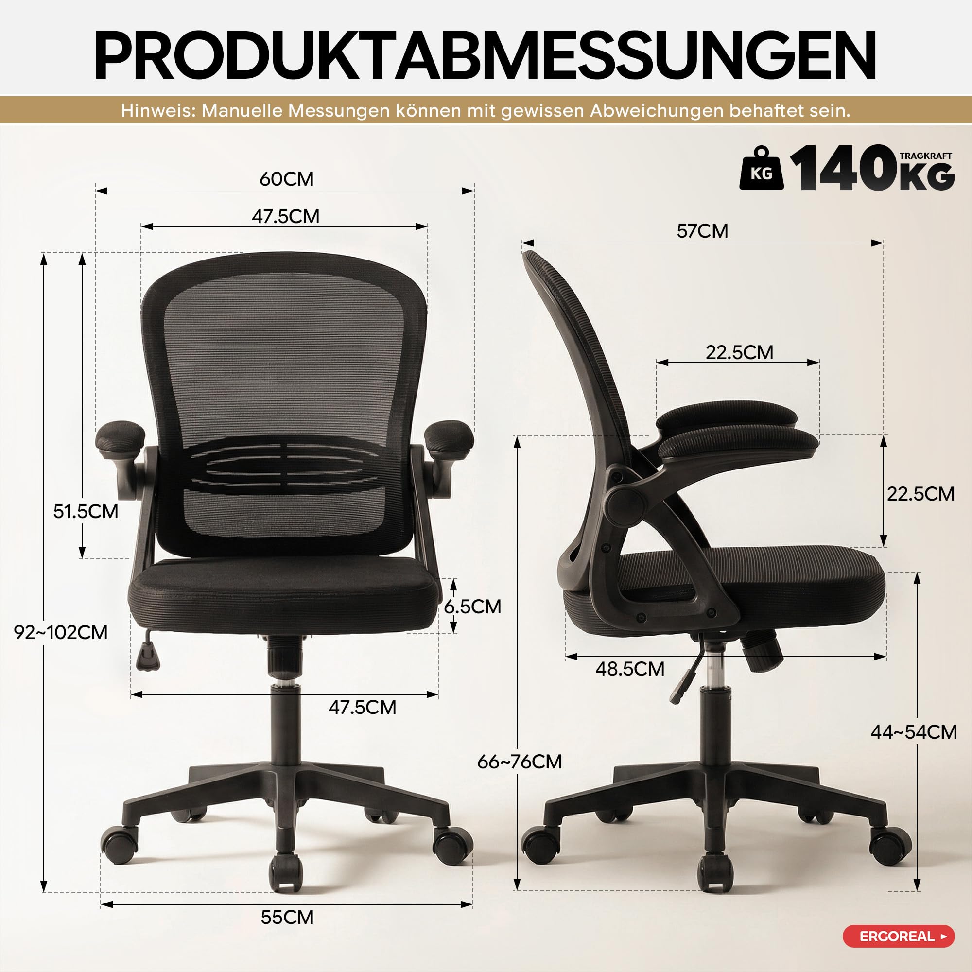 Ergonomischer Bürostuhl, 90-110° Verstellbare Rückenlehne & Aufklappbare Armlehnen (90°), Bürostuhl mit Rollen & Höhenverstellung,Homeoffice & Arbeitszimmer (Tiefe Schwarz) - 3