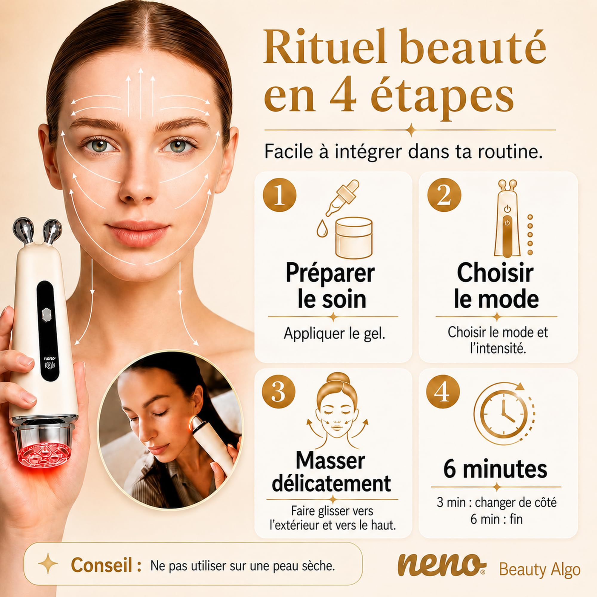 Neno Algo Appareil de Massage du Visage – Rouleau Visage 3D avec EMS & RF pour Effet Lifting et Soin des Contours – Appareil Anti-âge avec Deux Têtes et Rouleau Rotatif à 360° – Anti-Double Menton