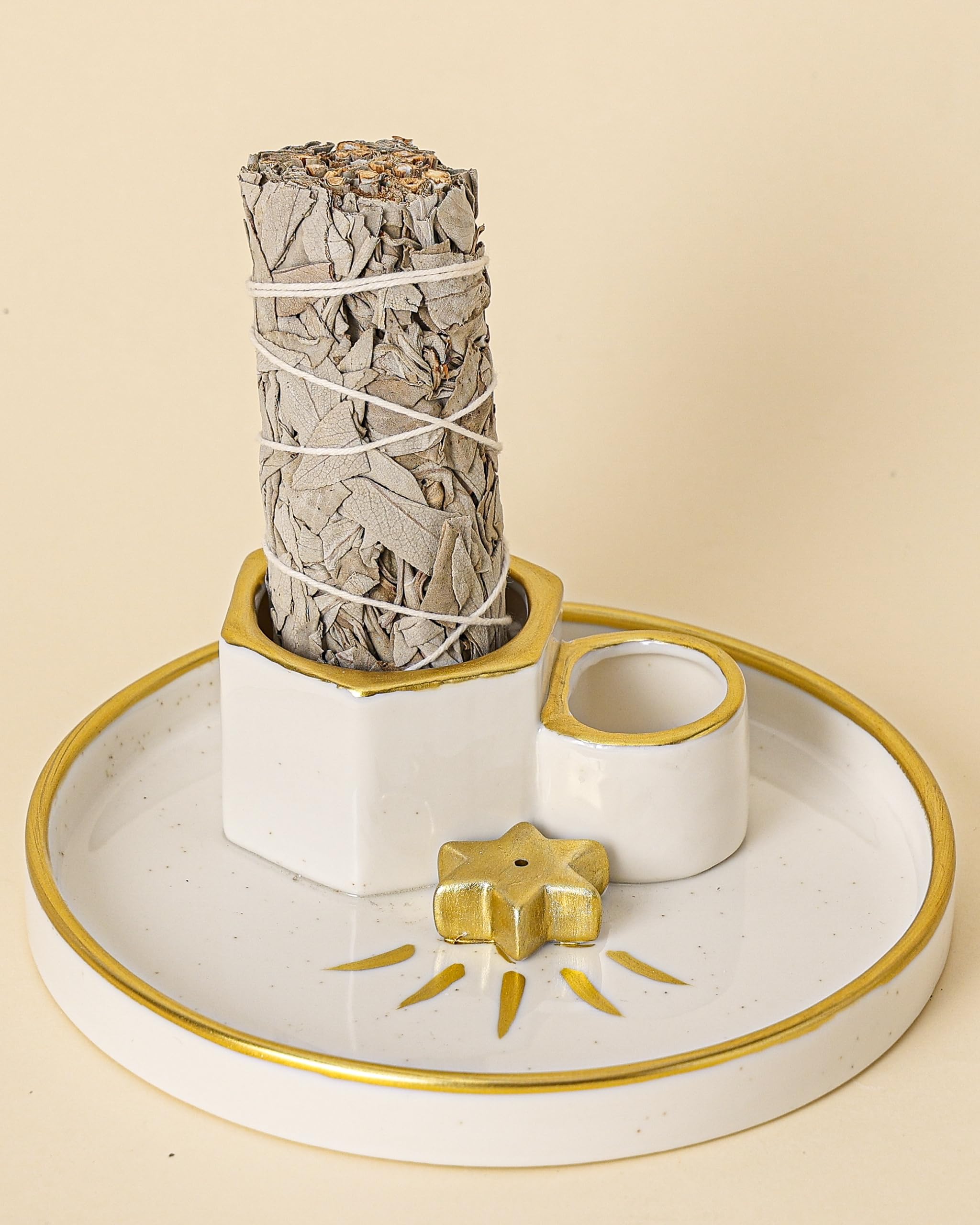 Incense Holder Burner, Ceramic Incense Holder for Palo Santo Sage Cedar Bundles Incense Sticks and Candle, Smudge Dish for Meditation Yoga, Modern Home Decor (Gold-Star)