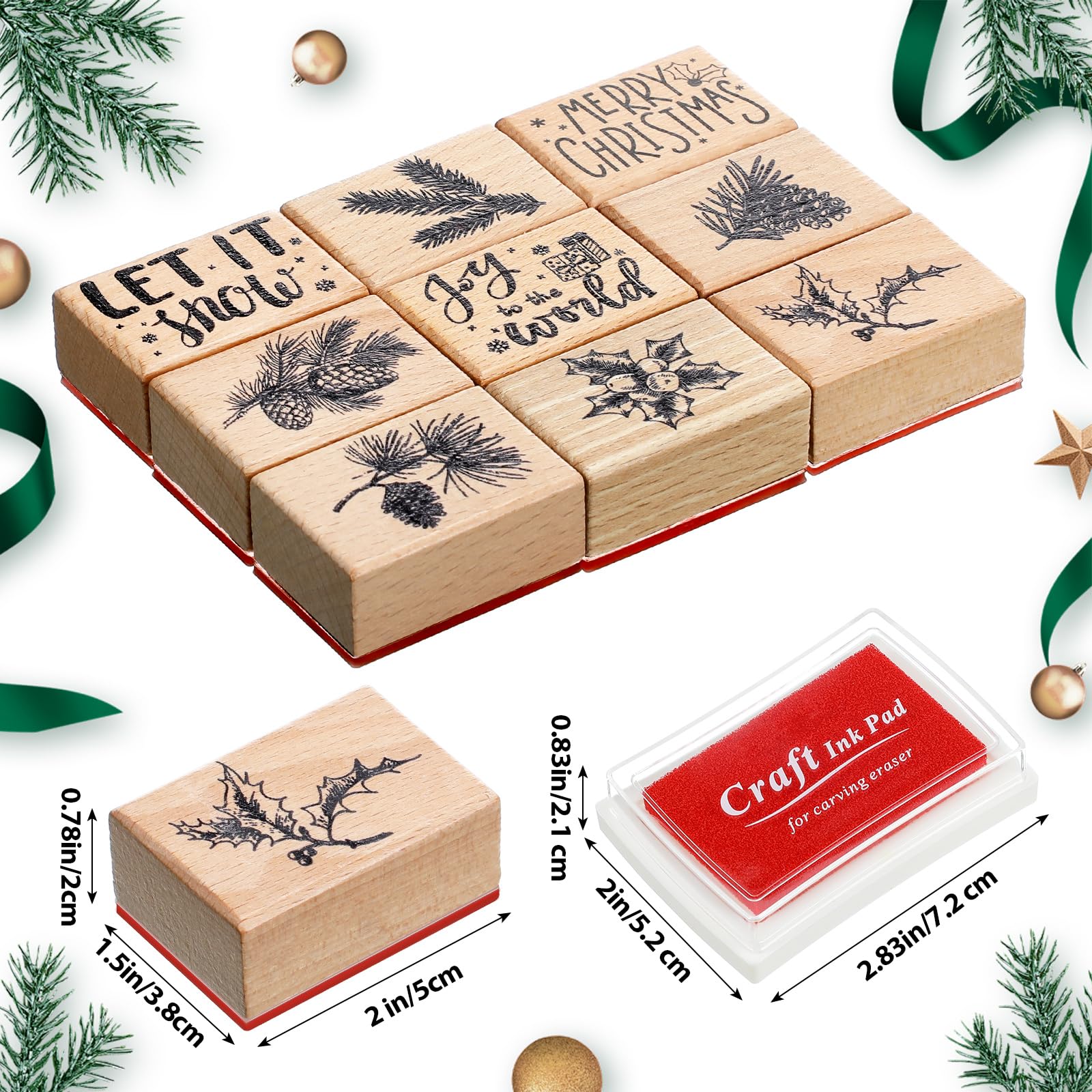 Watersay Juego de 14 sellos de goma de Navidad y almohadillas de tinta para manualidades, 9 sellos de goma de Navidad de madera, 5 almohadillas de tinta para manualidades, tarjetas de bricolaje y