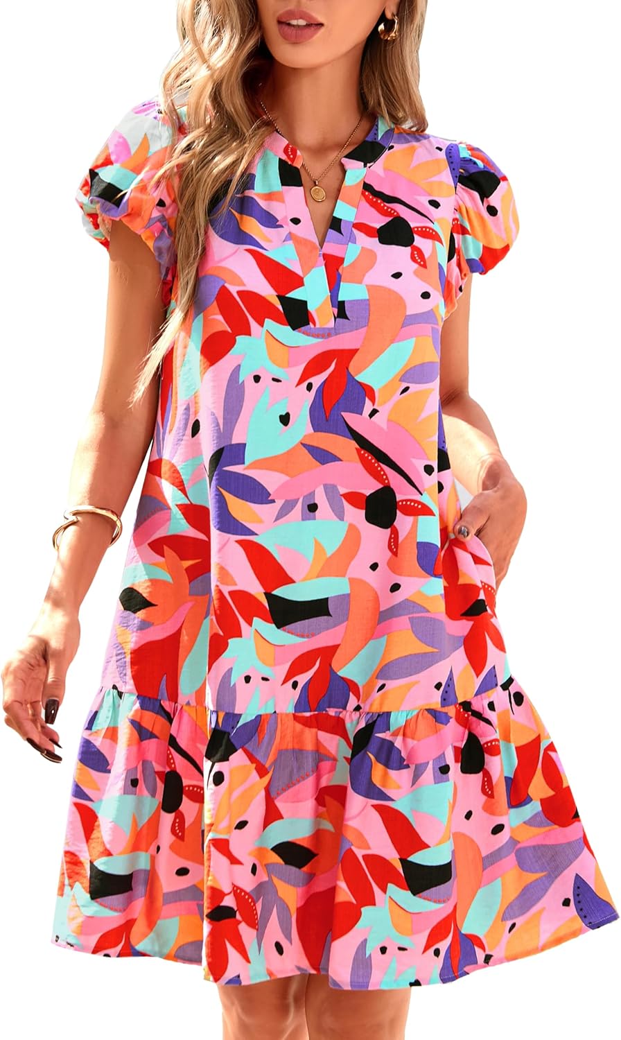 Dowerme Women's 2026 Summer Boho Dress: Puffy Sleeve V-Neck Floral A-Line Mini Babydoll with Pockets