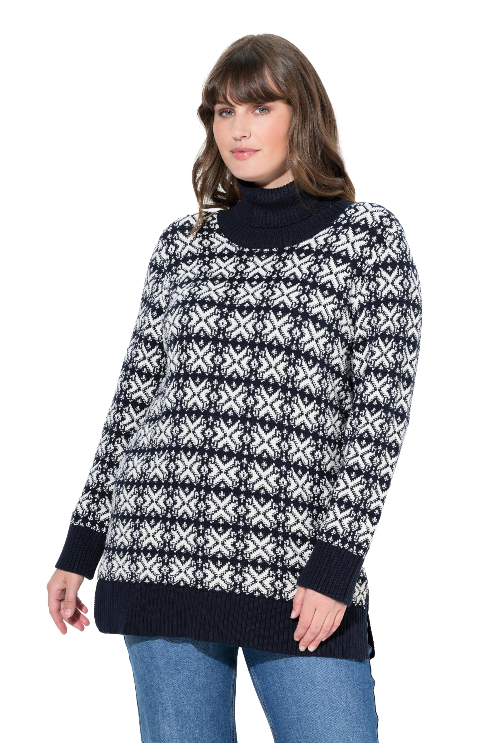 Ulla Popken Damen große Größen Übergrößen Plus Size Pullover, Schneeflocken, Rollkragen, Langarm, Biobaumwolle 843775