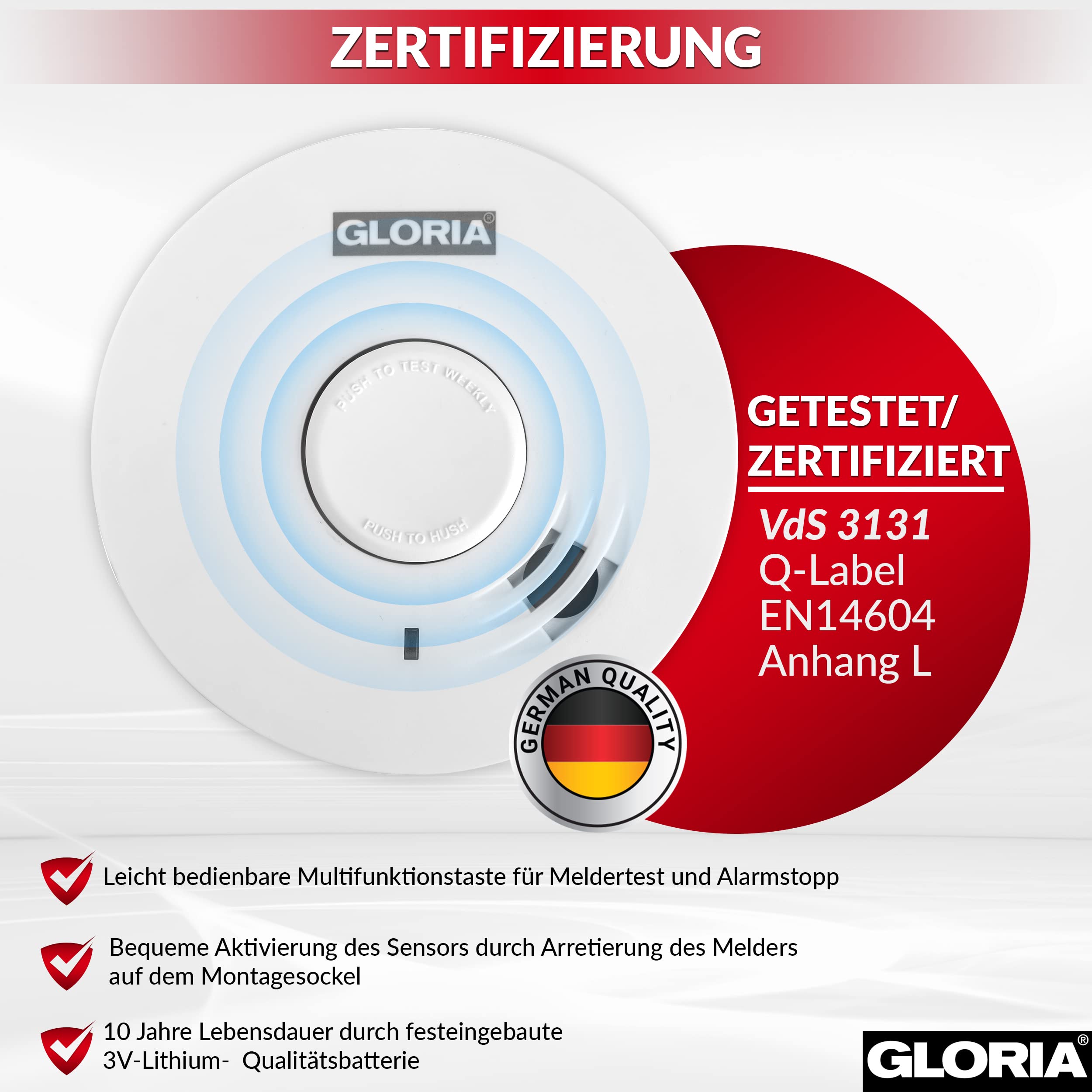 Gloria Rauchwarnmelder 8X R-10 mit 10 Jahren Garantie und fest eingebauter Lithium Batterie