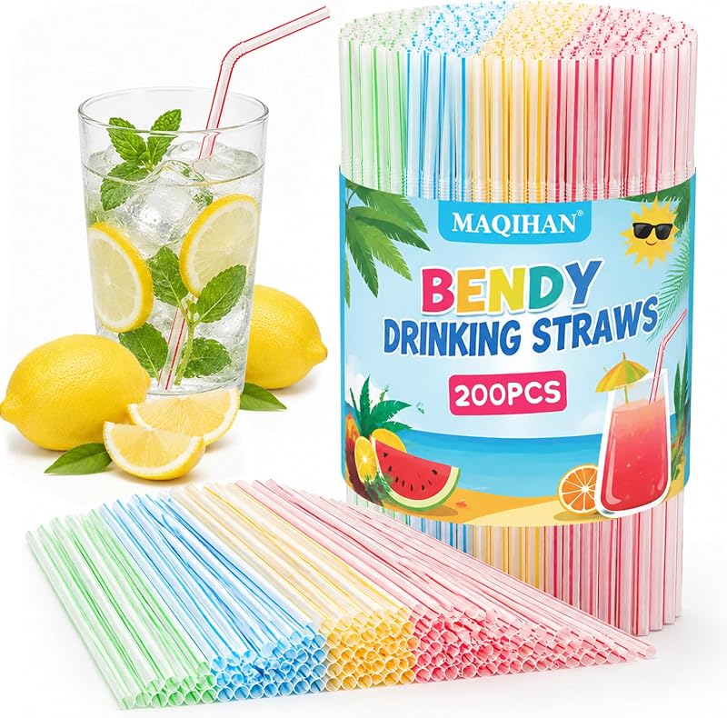 MAQIHAN 200PCS Disposable Plastic Straws - Flexible Bendy Drinking Straws | Long Colorful Striped Straws, Bendable PP Straws for Milk, Juice, Coffee, Lemonade, Parties, Home, Barware & Daily Drinks