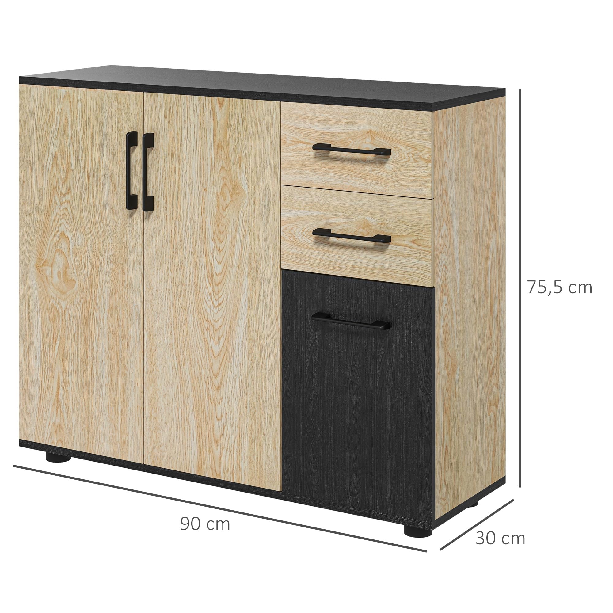 HOMCOM Buffet Salon, Meuble de Rangement avec 3 Portes, 2 tiroirs et étagère réglable, Style Moderne, Buffet Salle à Manger, Cuisine et Salon, 90 x 30 x 75,5 cm, Noir et Bois Naturel