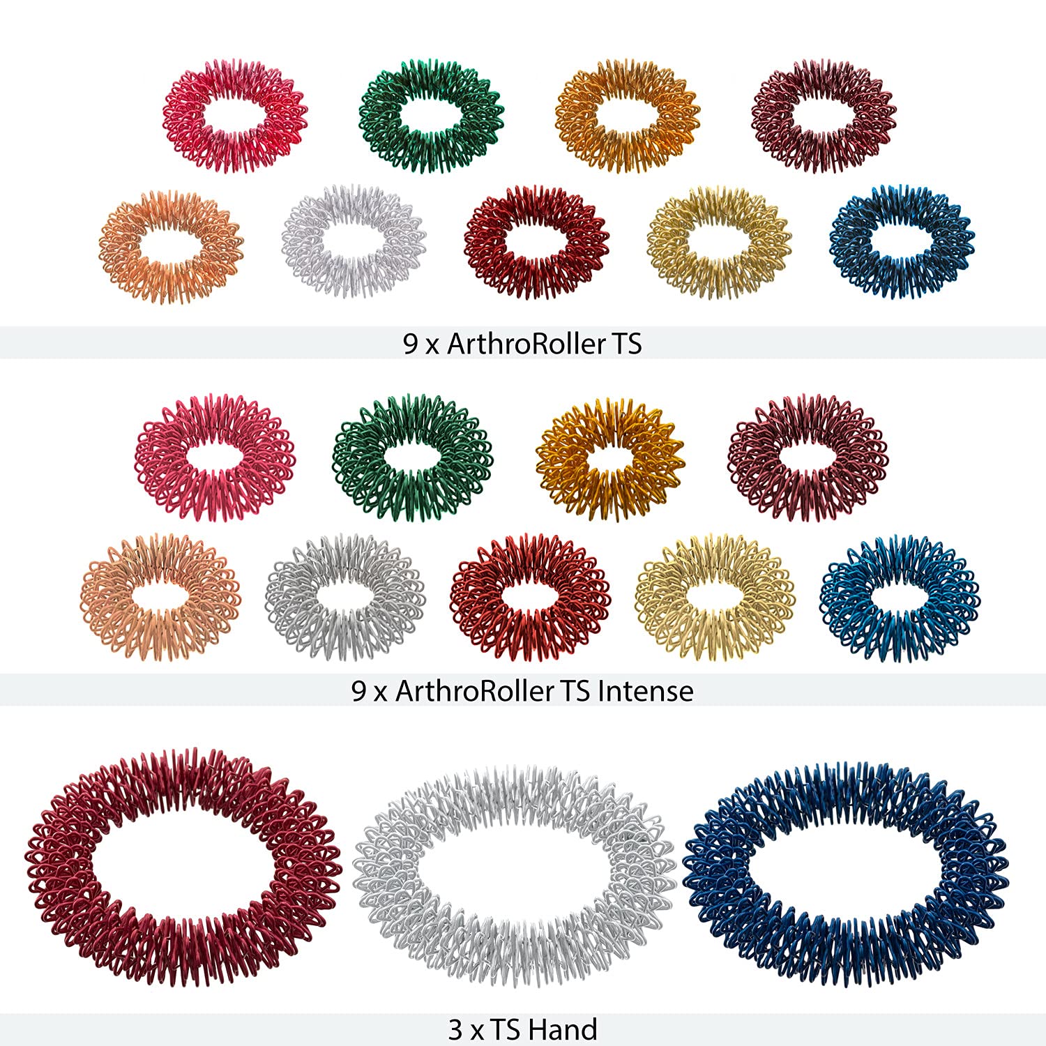 Massageringe Yin Yang - zur Fingermassage oder Zehenmassage aus Edelstahl | 21 Ringe | Mix-Tüte mit verschiedenen Stärken, Durchmessern und Farben | ArthroRoller
