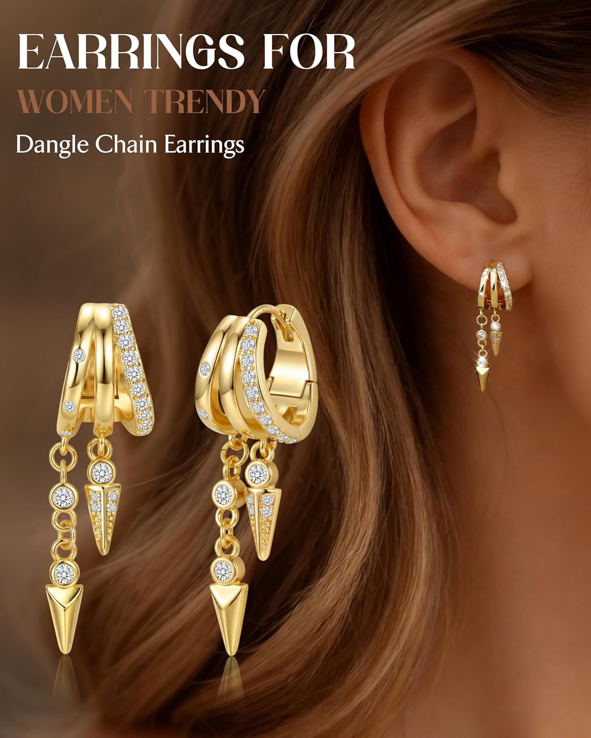 MILACOLATO 925 Sterling Silver Posts Drop Dangle Earrings for Women Trendy 14K Gold Plated Triple Huggie Hoop Earrings Dainty Chain Earrings Hypoallergenic Statement Earrings Fashion Jewelry - Image 7