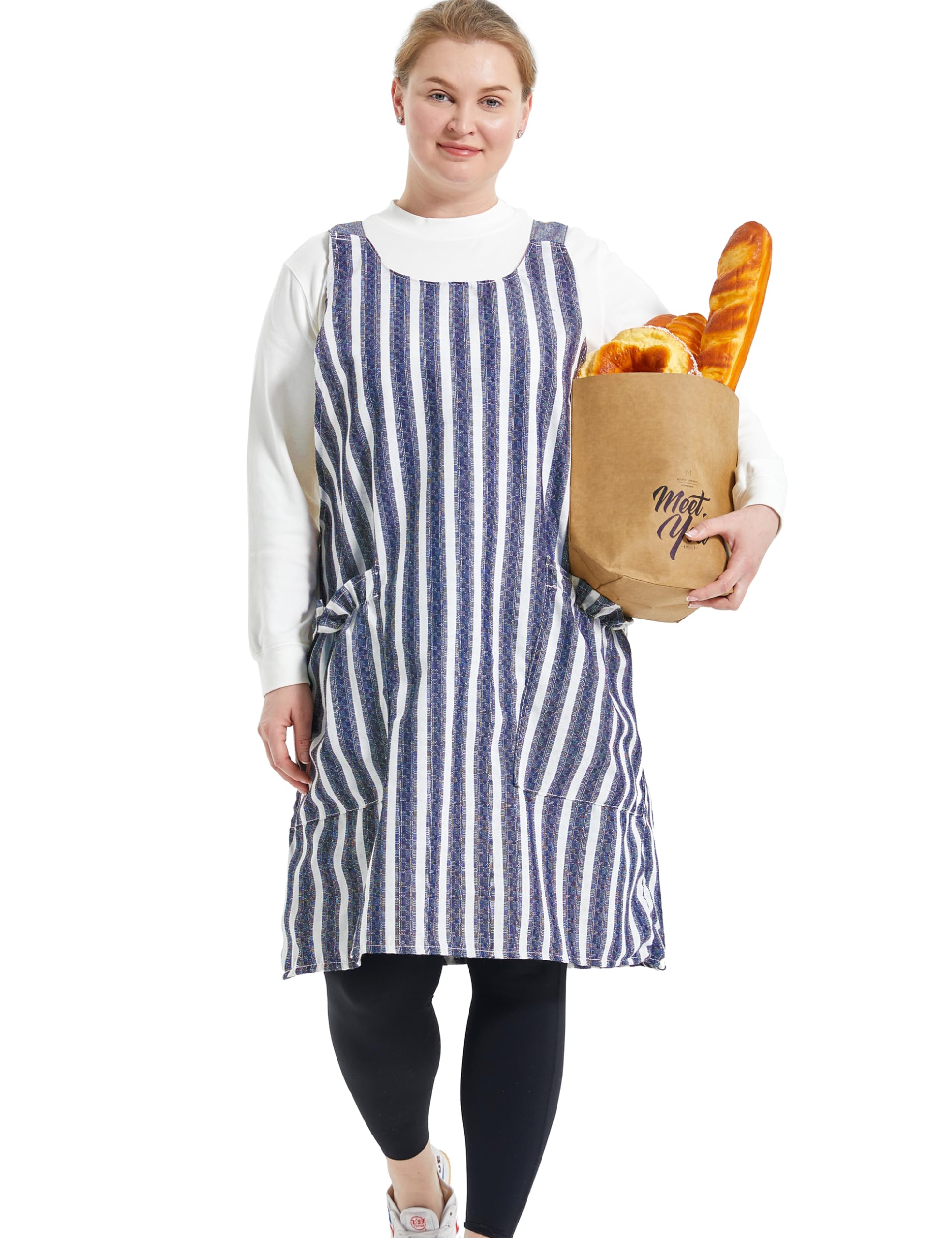 Apronner Unisex Blue Stripes Big Plus Size Aprons For Women With Pockets Cotton Linen Baking Kitchen Cooking, More Size