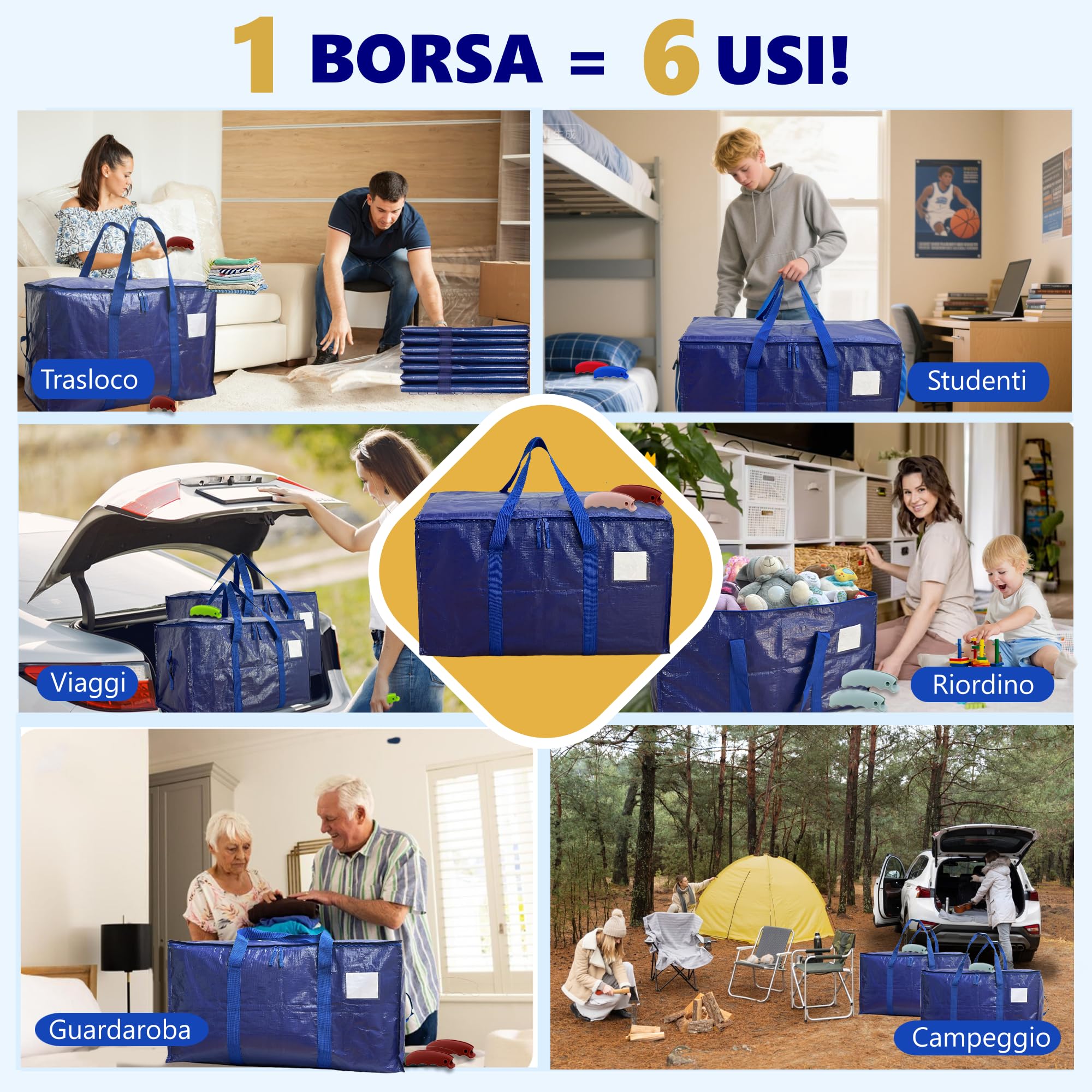 AXAM Borse per Trasloco XL 91 L [LOTTO-10] – Sacchi Portaoggetti Ultra Resistenti con Manici Comfort in Silicone – Alternativa Ecologica ai Cartoni – Pieghevoli, Impermeabili e Impilabili