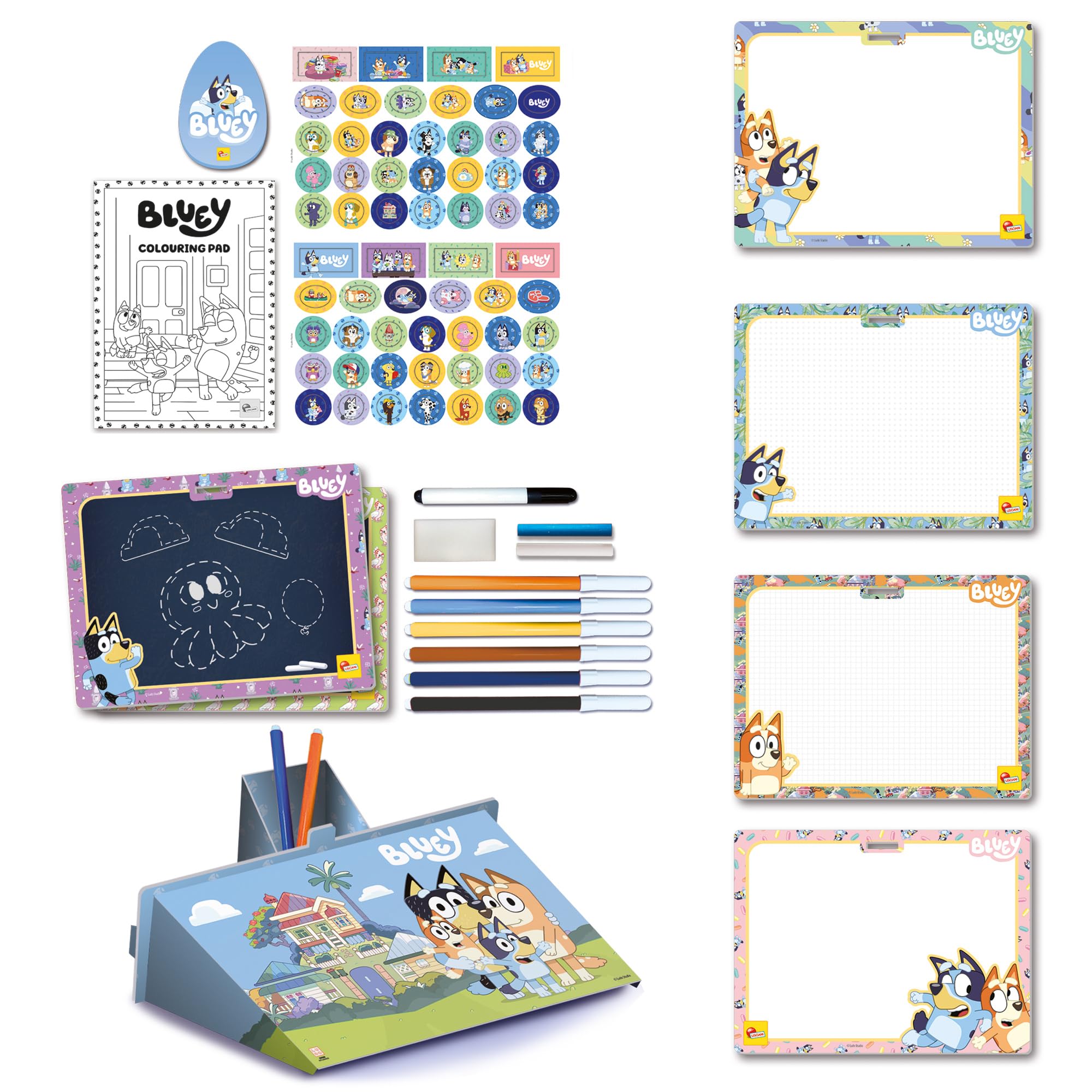Lisciani - BLUEY - RUCKSACK mit Mal- und Zeichenset für Kinder ab 3 Jahren - Kreativset mit Malbuch, Stickern, Filzstiften und löschbaren Tafeln - Hergestellt in Italien