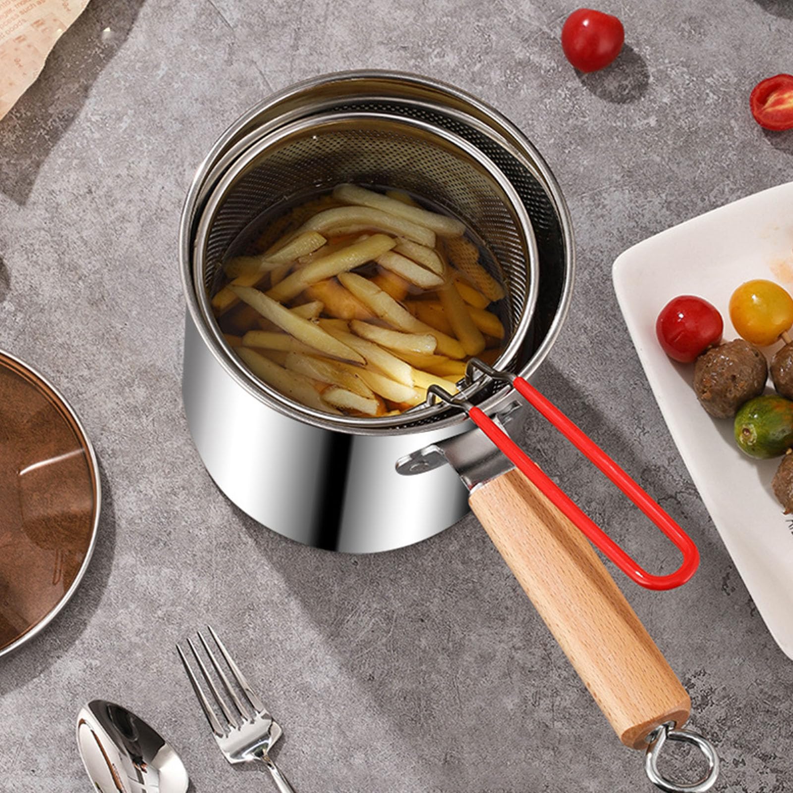 Sartén profesional pequeña profunda con cesta coladora, herramientas de cocina, freidoras de acero inoxidable, utensilios de cocina, freidora de aceite compacta con cesta de filtro