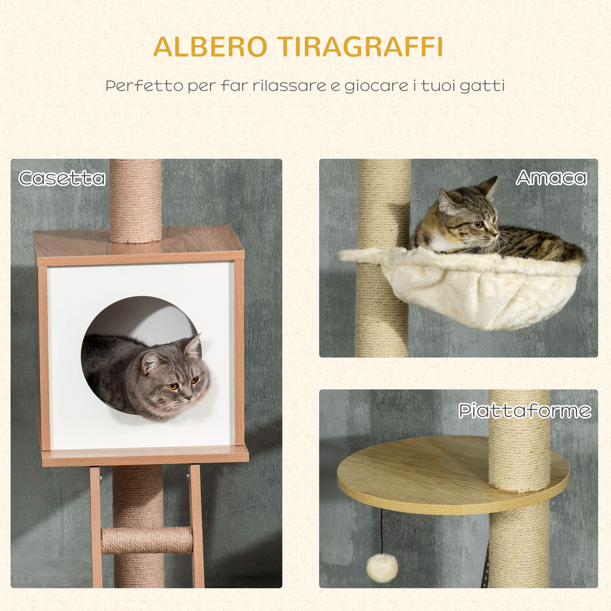 PawHut Set 2 Pezzi Albero per Gatti Altezza Regolabile 40x40x225-285 cm | in Truciolato, Tiragraffi per Gatti, Casetta, Amaca, Pallina da Gioco