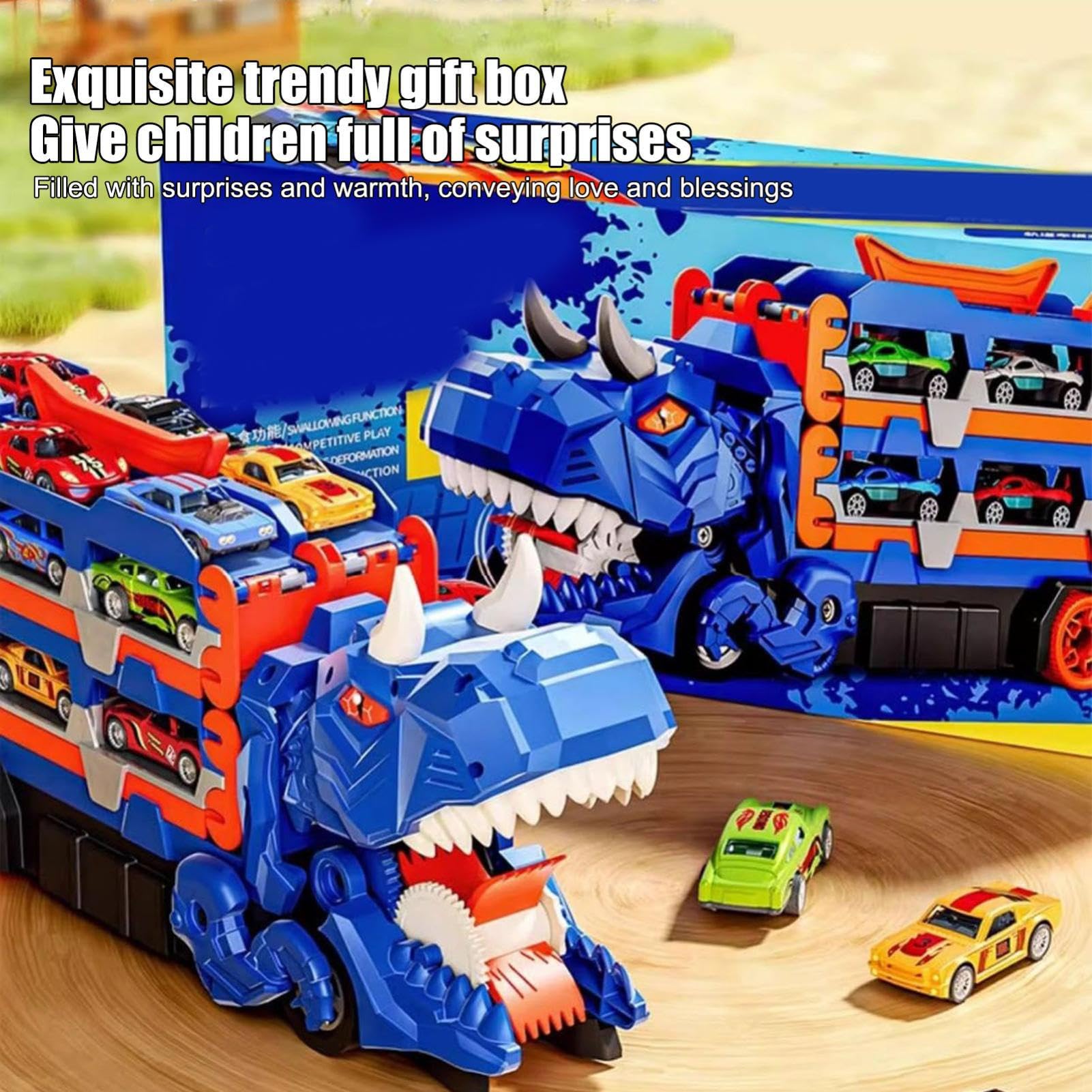 Truck di trasporto di dinosauro, camion per trasporto per auto di dinosauro