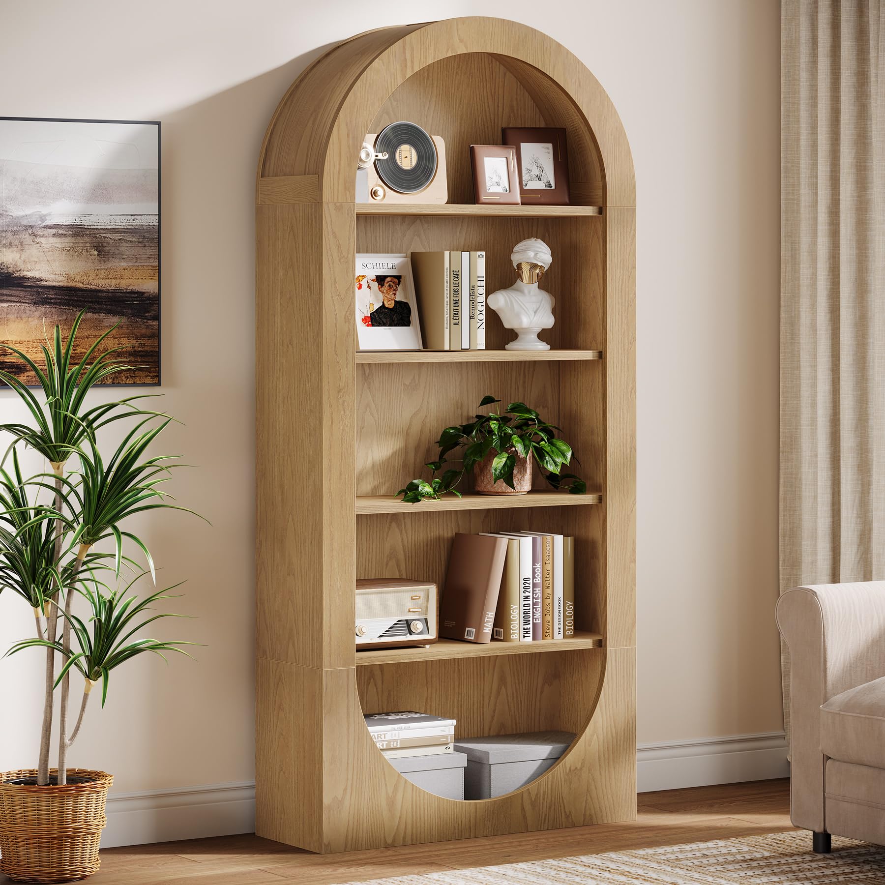 tribesigns 70.9" tall bookshelf, 5-tier arched bookcase with open shelves, wooden free-standing display shelves with storage for living room, home office, bedroom