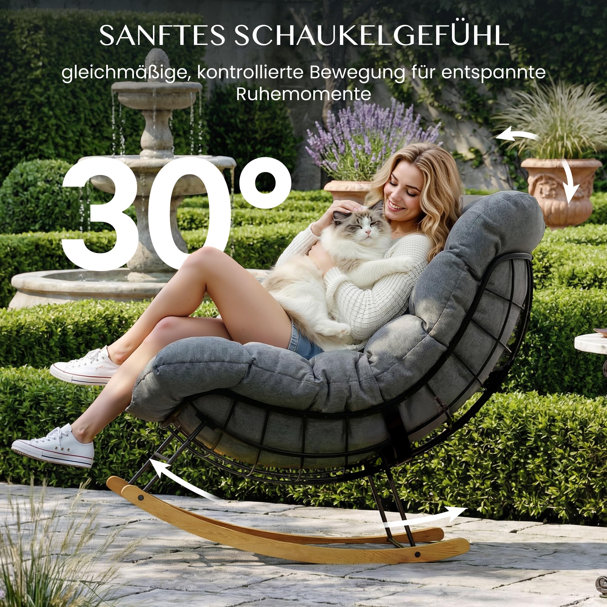 FLEXISPOT Schaukelstuhl Garten, Schwingsessel mit Kopfkissen, wasserfester Bezug, gepolsterter Relaxstuhl bis 159 kg, für Wohnzimmer, Schlafzimmer, Balkon, Grau