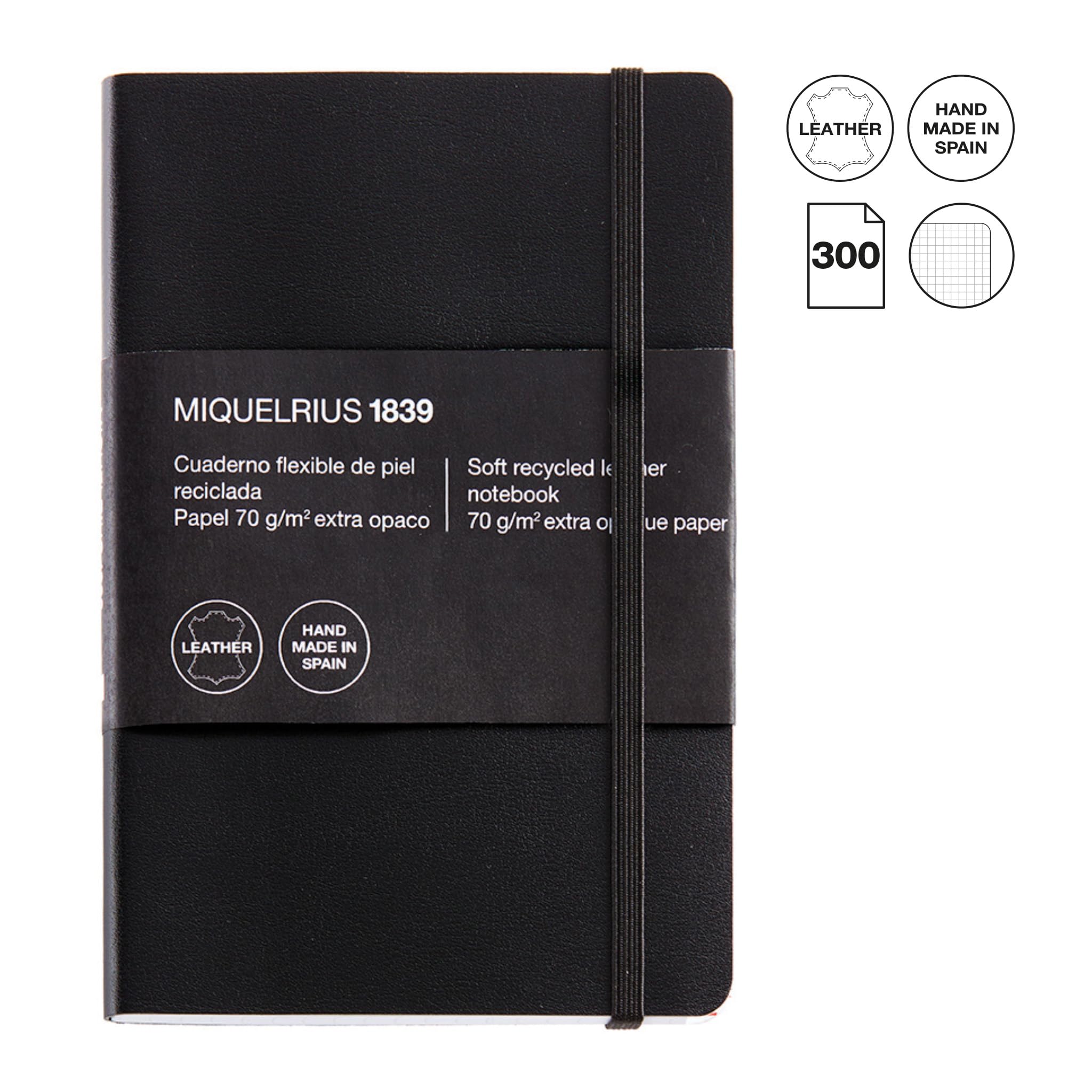 Miquelrius - Cuaderno flexible con índice alfabético, Compacto de piel reciclada (104 x 150 mm), 300 hojas, Papel cuadriculado 5 mm, Con goma elástica, Fabricado en España, Color negro