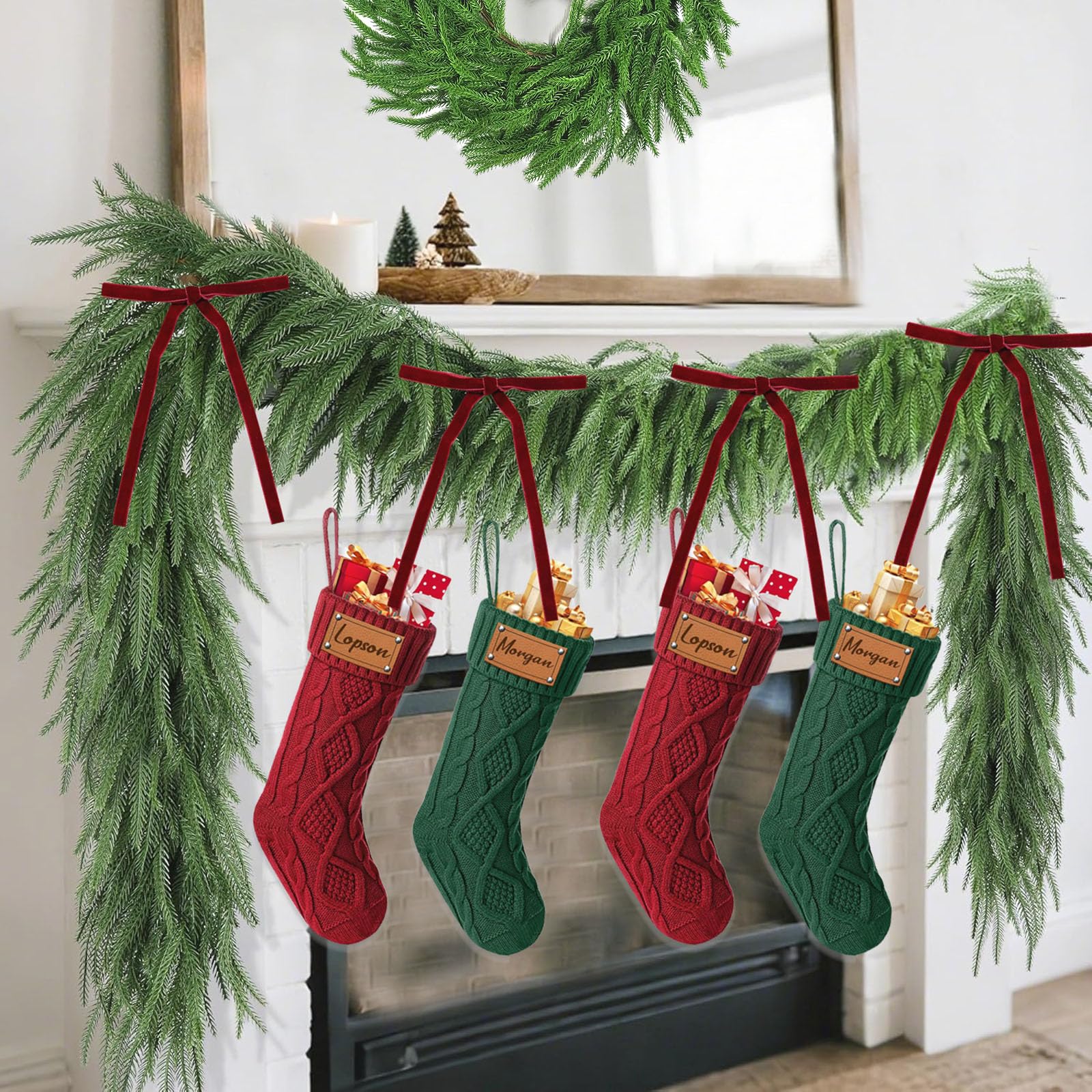 Guirnalda de Navidad de 270 cm, guirnalda de pino Norfolk hecha a mano artificial para chimeneas, escaleras, mesa, decoración de exteriores (con lazo)