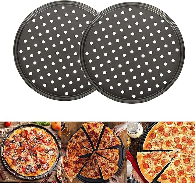 Pizza Pan Baking Tray 2 Pack,Round Pizza Crisper Pan, Carbon Steel,12 Inch Pizza Pans with Holes for Oven,Non-Stick Perforated Pizza Baking Set