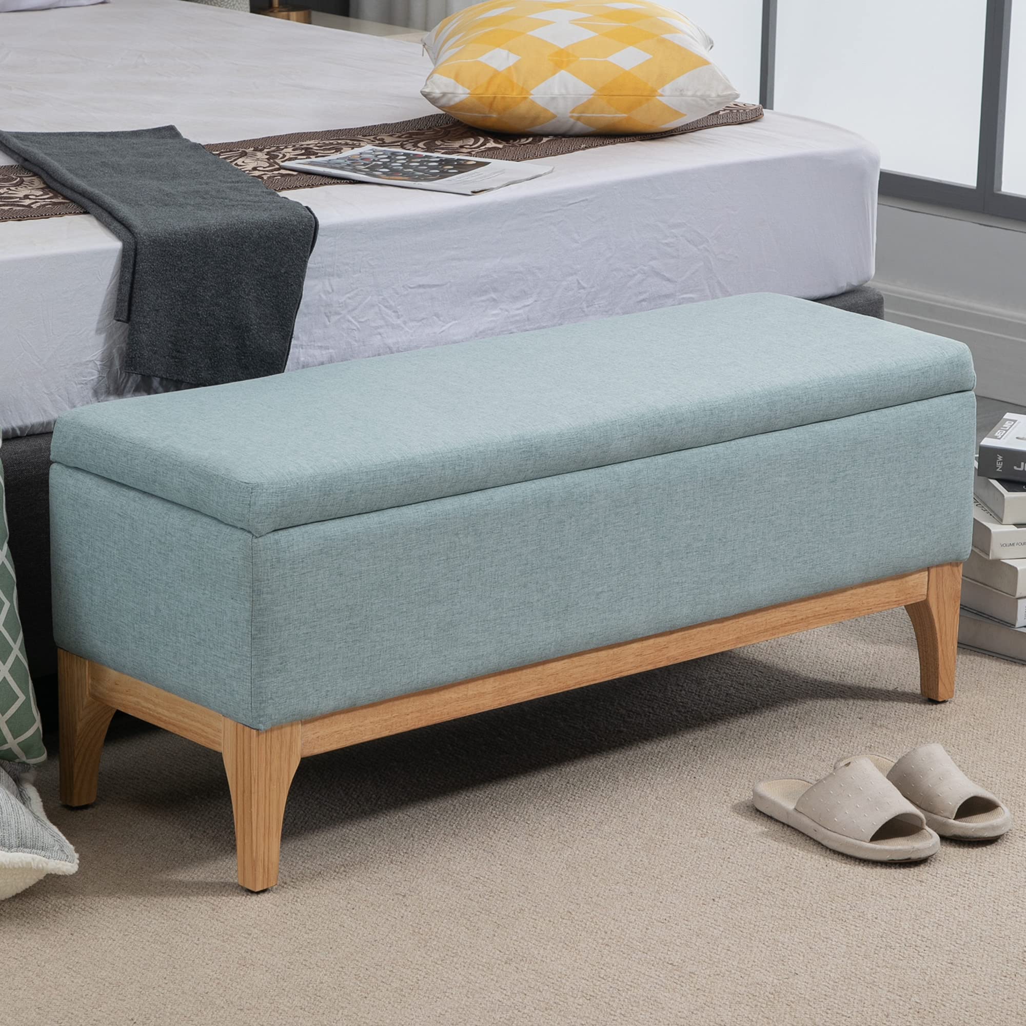 HOMCOM Baúl de Almacenaje para Dormitorio 72L Puff Almacenaje Tapizado en Lino Banco de Almacenaje con Patas de Madera y Almohadillas Ajustables para Entrada Salón 110x39x45 cm Gris Azulado