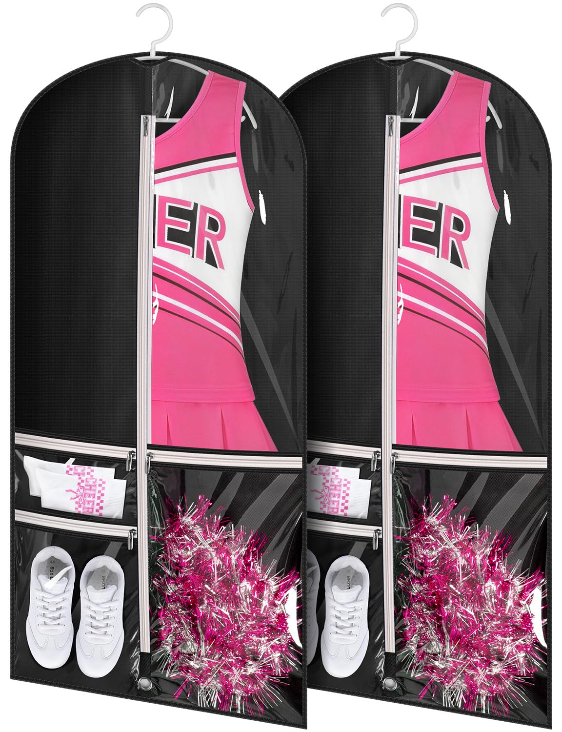 Kimbora Costume Dance Garment Bag with 3 Clear Zipper Pockets for Suits Dress Cover, Travel Storage & Competitions, Set of 2 (Black)