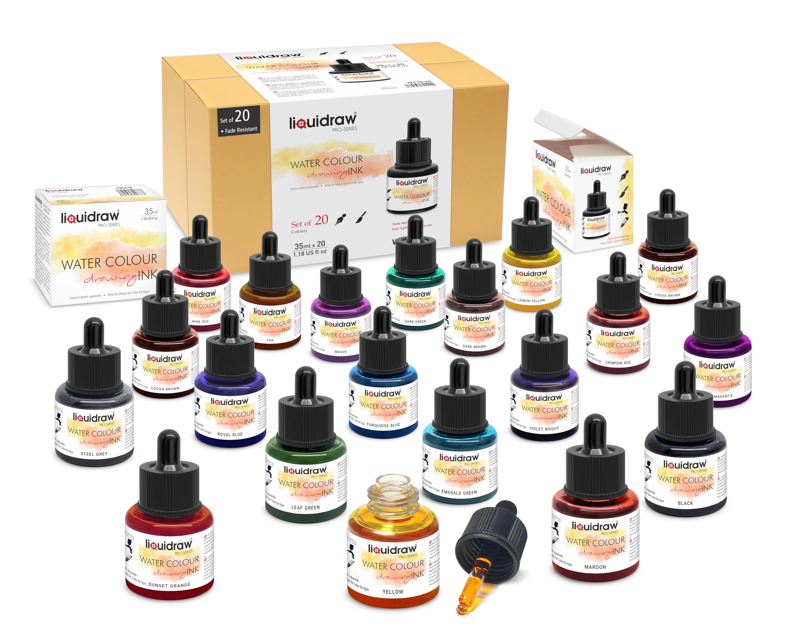 Liquidraw Watercolour Drawing Ink - 20 Assorted Colours | 35 ml Bottles with Ink Dropper | Water Colour Inks for Drawing & Design | Suitable for Professionals, Artists, Students & Hobbyists | Art Gift