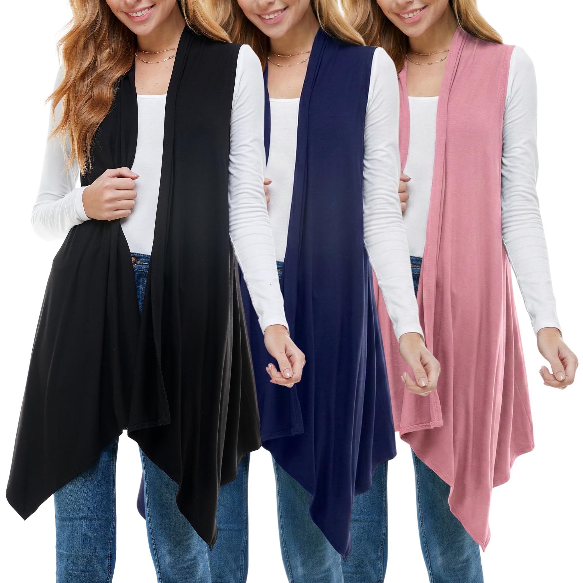Azules Sleeveless Cardigan for Women, Soft Lightweight Duster Open Front Sleeveless Long Cardigan Vest (3 Pack)