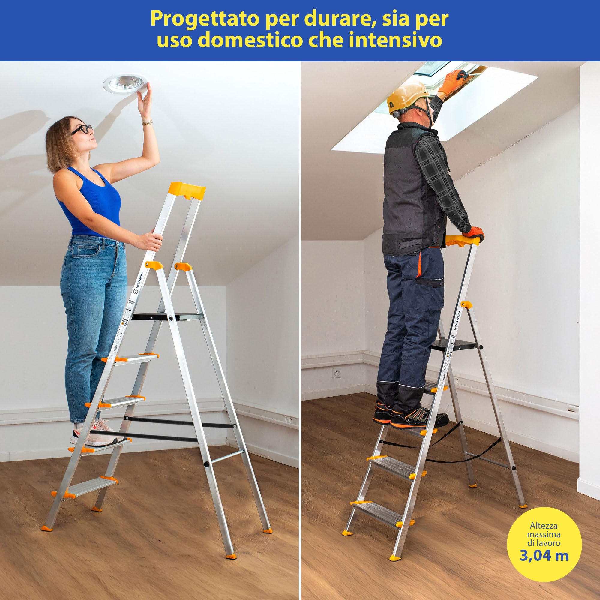 HOSTRÖM Scala 5 gradini in alluminio, sgabello pieghevole con porta-attrezzi, gradini larghi 12 cm, uso domestico e professionale, garanzia 5 anni.