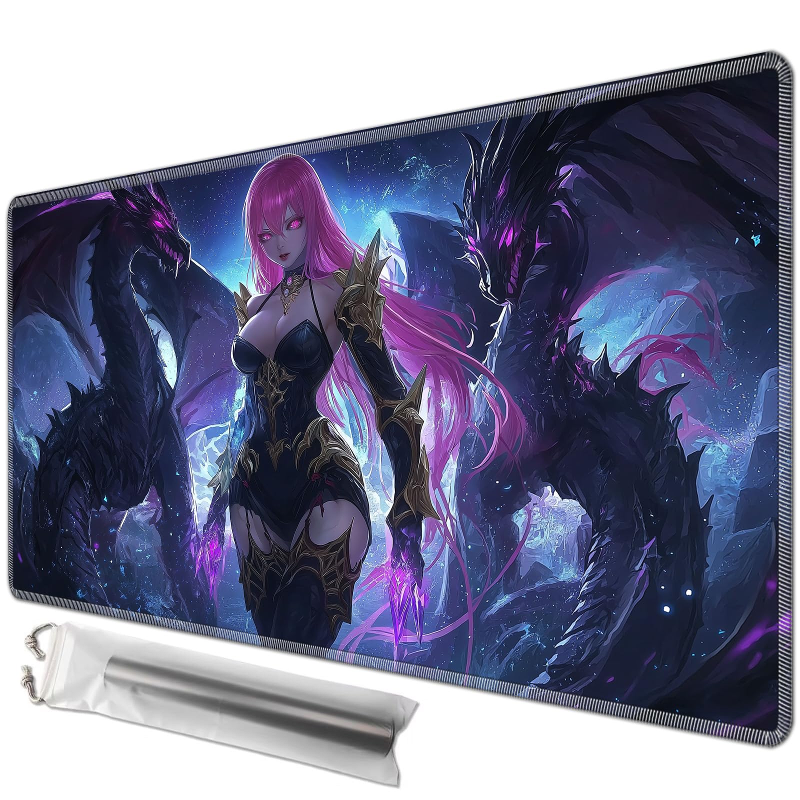JANENFNA TCG Card Playmat 27.5" x 15.7" with Storage Bags for MTG Game Play Mats, Premium Stitched Non-Slip Rubber Tabletop Magic Play Mats Desk Duel Card Breaking Mats, Girl and Dragons โ image 1
