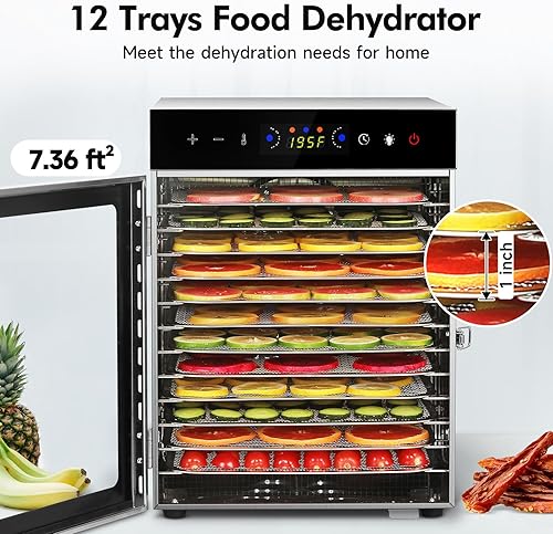 Miniatura 3 de SUCICENI Máquina deshidratadora de alimentos, 12 bandejas de acero inoxidable, deshidratador de carne de 1000 W para uso doméstico, temporizador de
