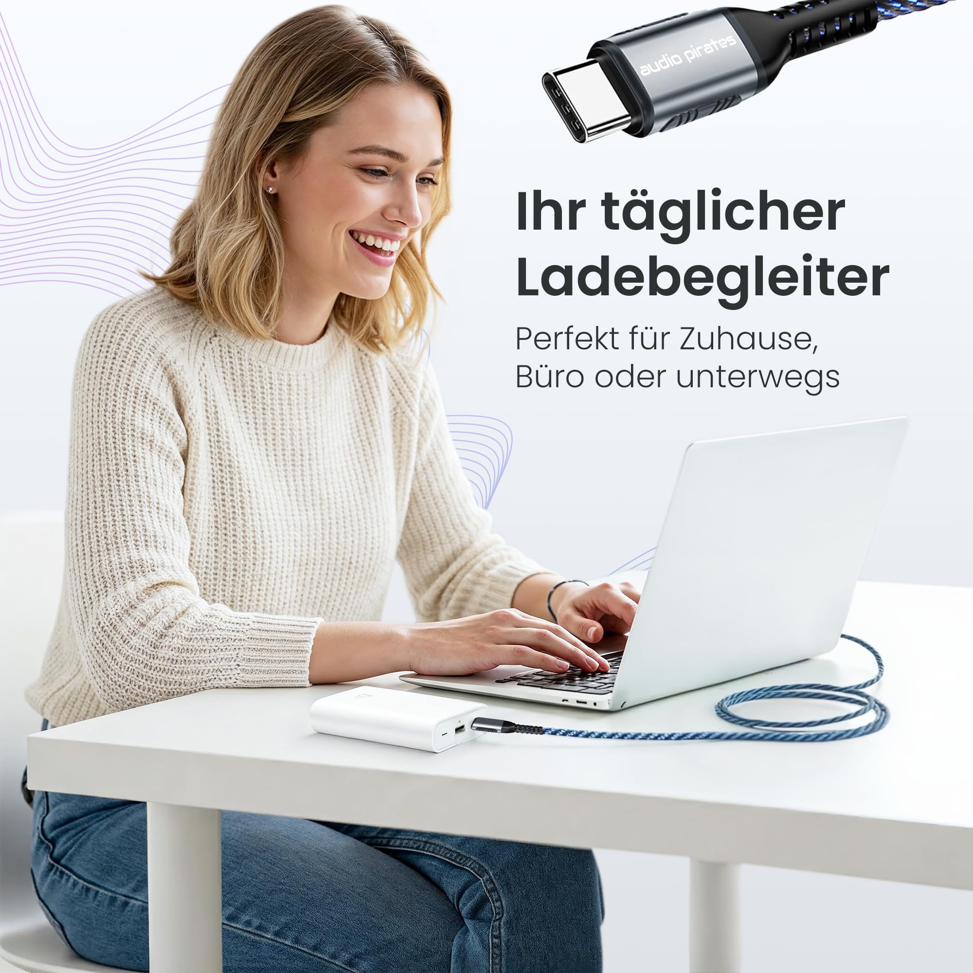 Audio Pirates USB-C Kabel 100W – 2,0 M, Mit E-Mark Chip, QC 3.0, Nylon-Geflecht, Für IPhone 15, IPad, MacBook