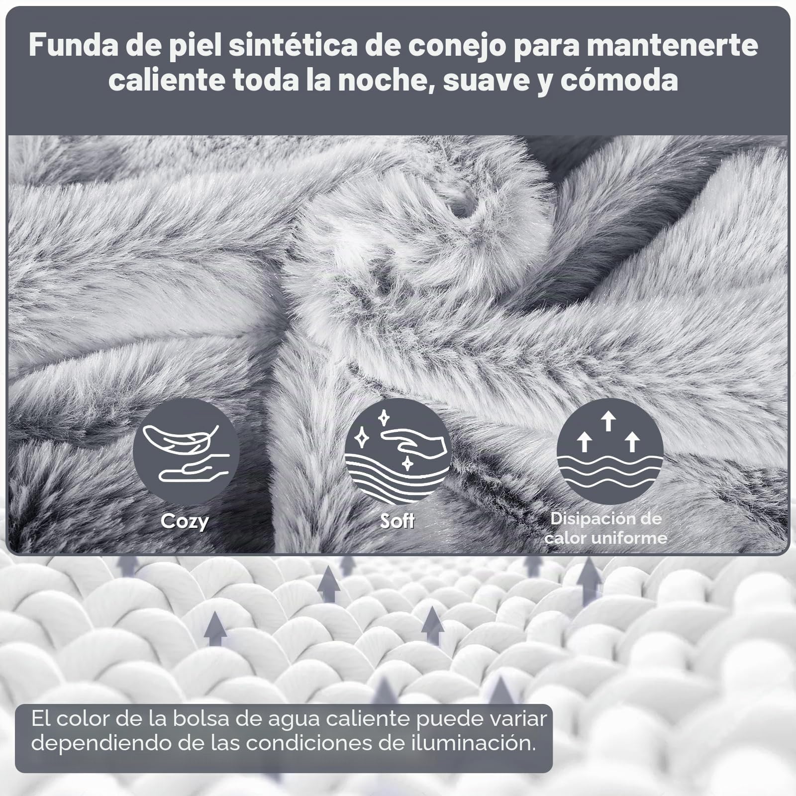 BOLEi Bolsa De Agua Caliente Con Funda, Bolsa De Agua Caliente Peluche Con Bolsillo De Canguro, 2L, Regalos para hombres y mujeres (Gris)