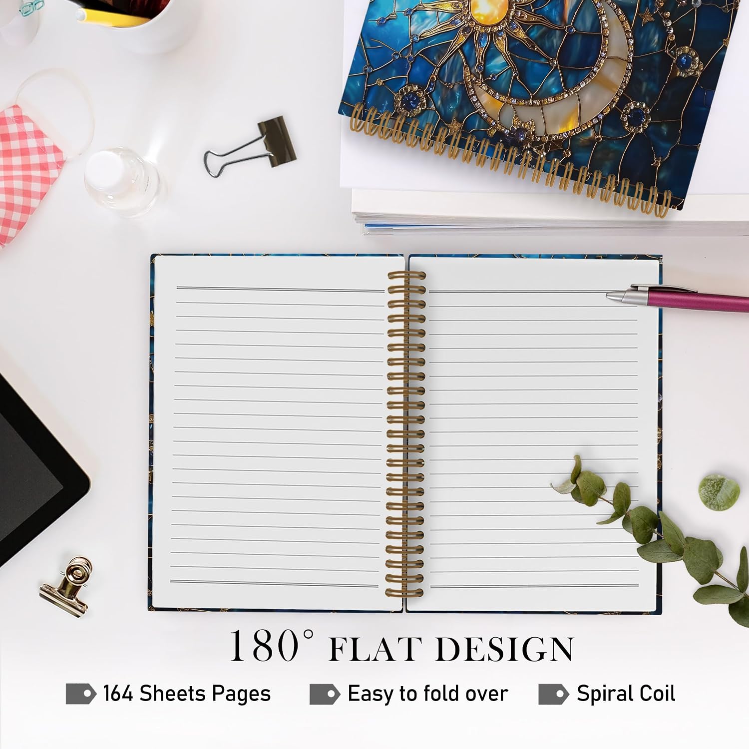 Celestial Sun Moon and Stars Spiral Notebook, Celestial Astrology Gothic Journal Notebook, Sun and Moon Notebooks for School Work, Dark Blue Starry Night Sky Celestial Astrology Gifts for Women Men, 5.5x8.3 Inch image 5
