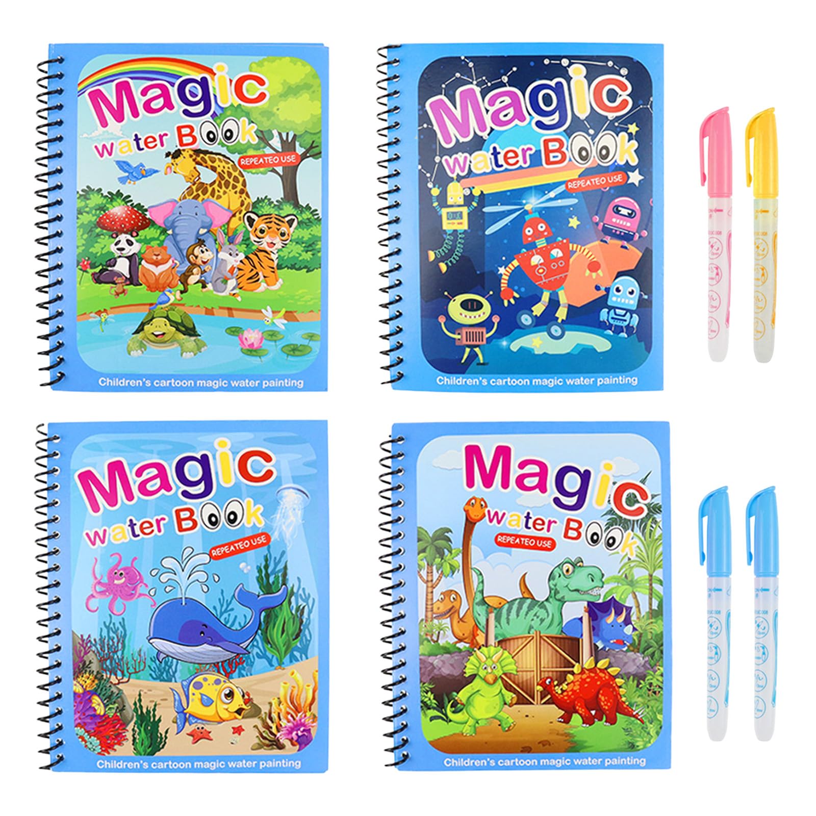 Zestaw 4 Magicznych Kolorowanek Wodnych dla Dzieci – Wielokrotnego użytku Kolorowanki z Kolorowymi Efektami – Kreatywna Zabawa Malowaniem Bez Brudu, Kompatybilna z Water Wow