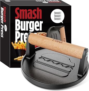 Pisol Smash Burger Press, Pre-Seasoned Cast Iron Hamburger Smasher, 2 lb Heavy-Duty Grill Bacon Meat Press Tool with Wood Handle, 6.6