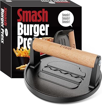 Pisol Smash Burger Press, Pre-Seasoned Cast Iron Hamburger Smasher, 2