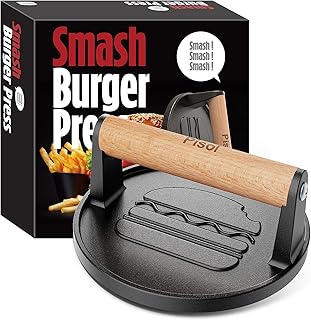 Pisol Smash Burger Press, Pre-Seasoned Cast Iron Hamburger Smasher, 2 lb Heavy-Duty Grill Bacon Meat Press Tool with Wood Handle, 6.6”
